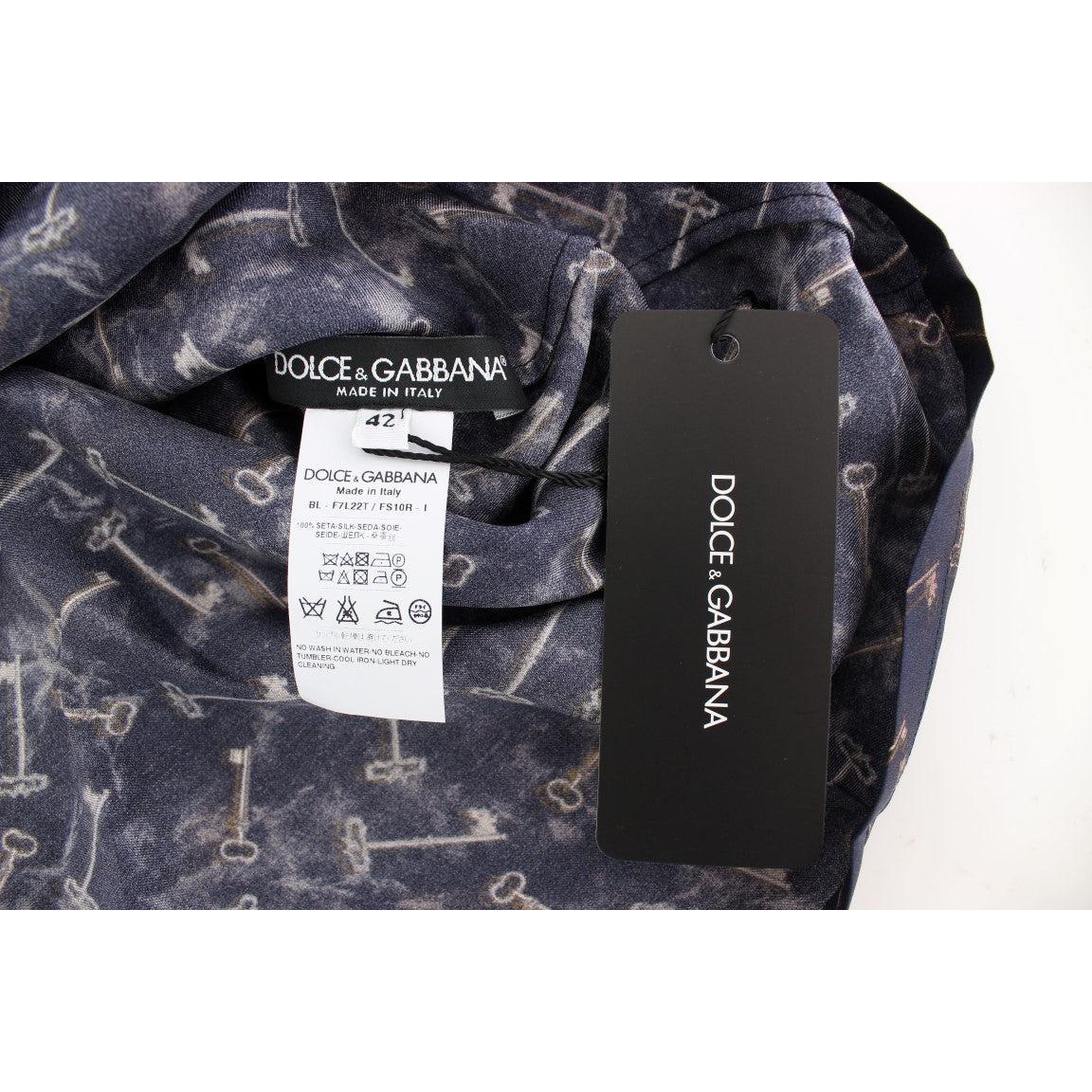 Blue gold key print silk blouse - coffeewithmee2