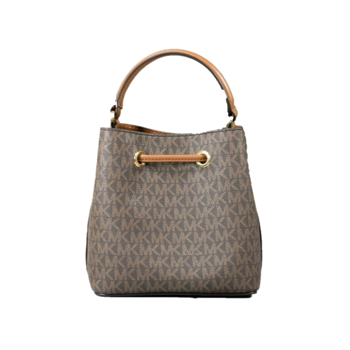 Suri Small Leather Bucket Crossbody Drawstring Hobo Handbag (Brown Signature) - coffeewithmee2