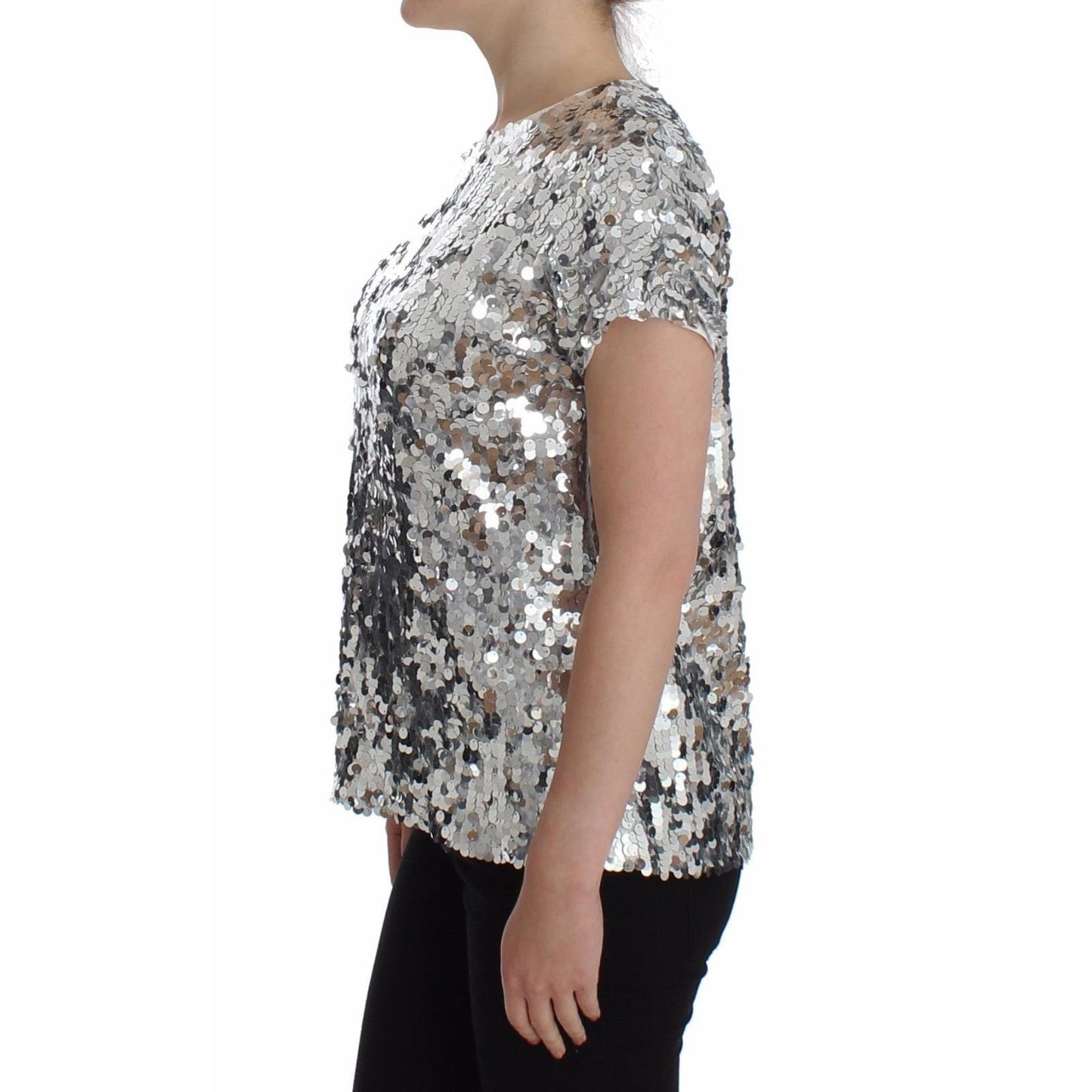 Silver Sequined Crewneck Blouse T-shirt Top - coffeewithmee2