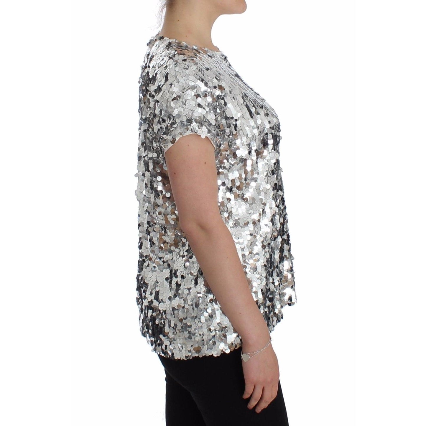 Silver Sequined Crewneck Blouse T-shirt Top - coffeewithmee2
