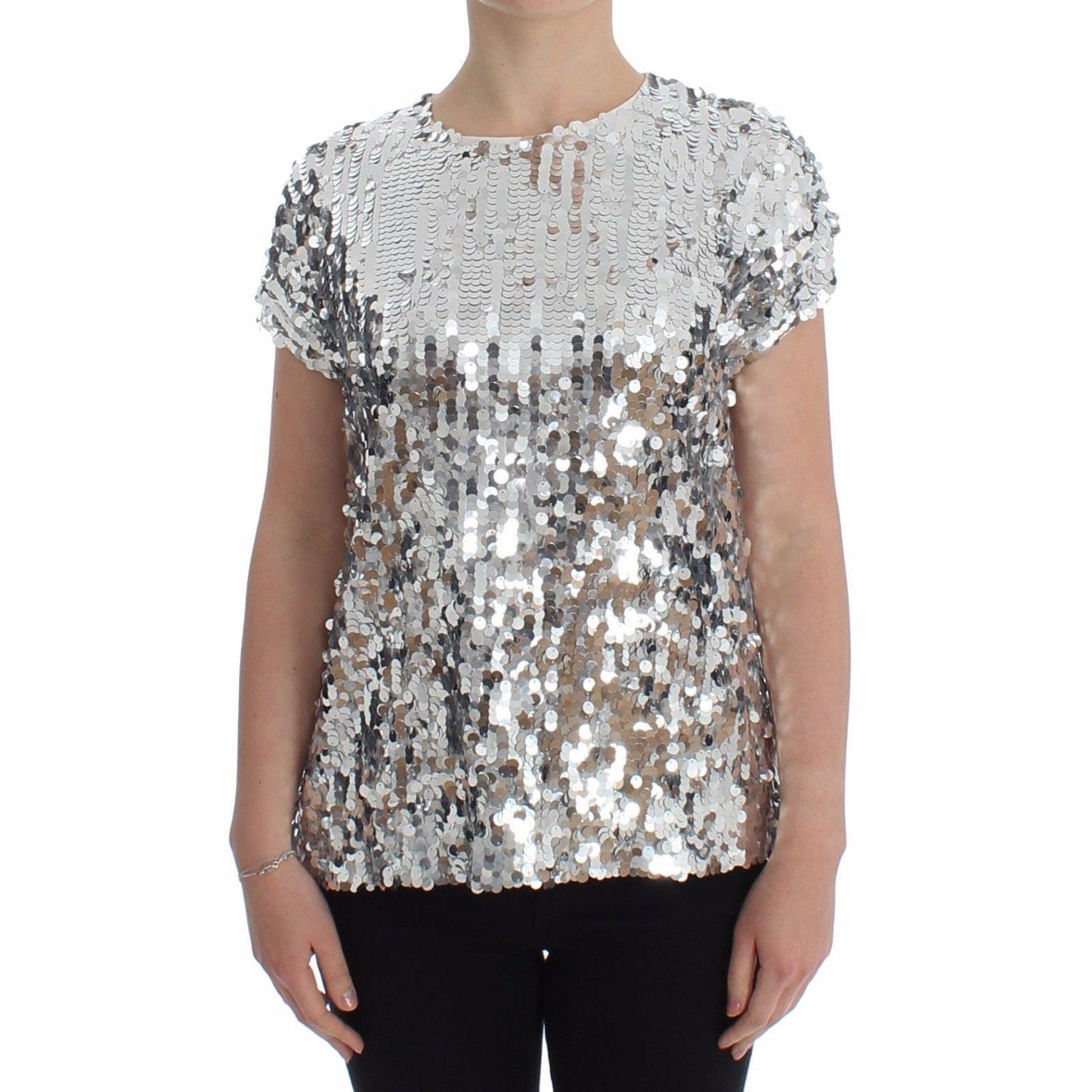 Silver Sequined Crewneck Blouse T-shirt Top - coffeewithmee2