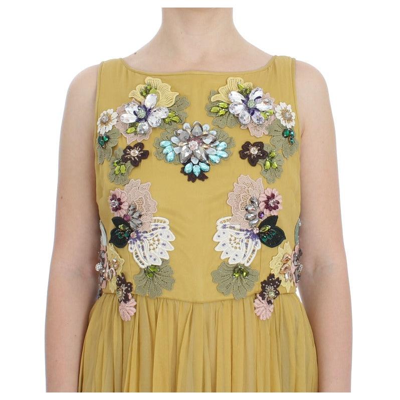 Yellow Silk Crystal Applique Shift Dress - coffeewithmee2