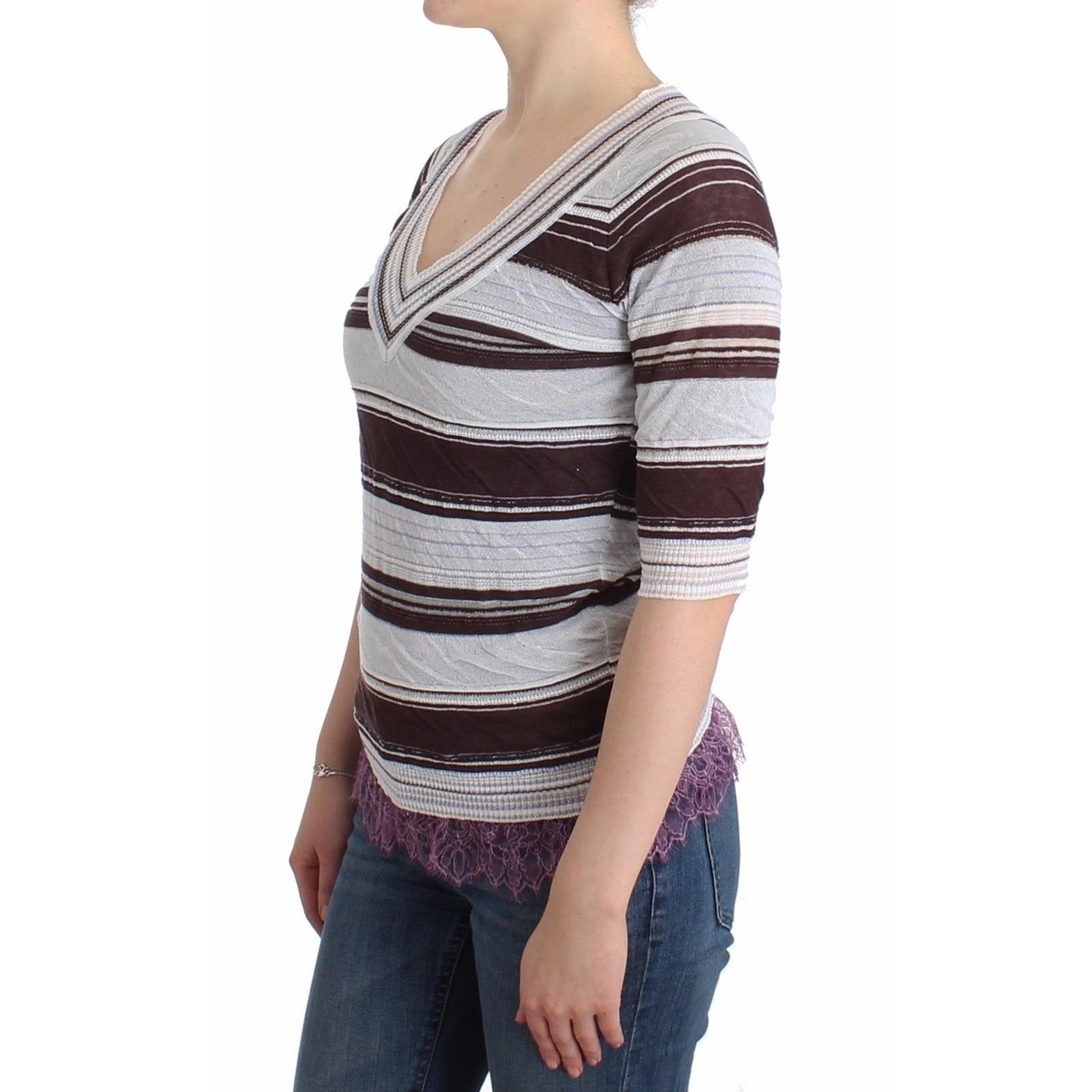 Striped Lace V-Neck Short Sleeve Top Sweater - coffeewithmee2