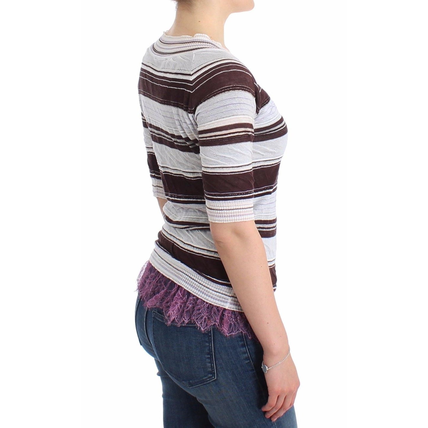 Striped Lace V-Neck Short Sleeve Top Sweater - coffeewithmee2
