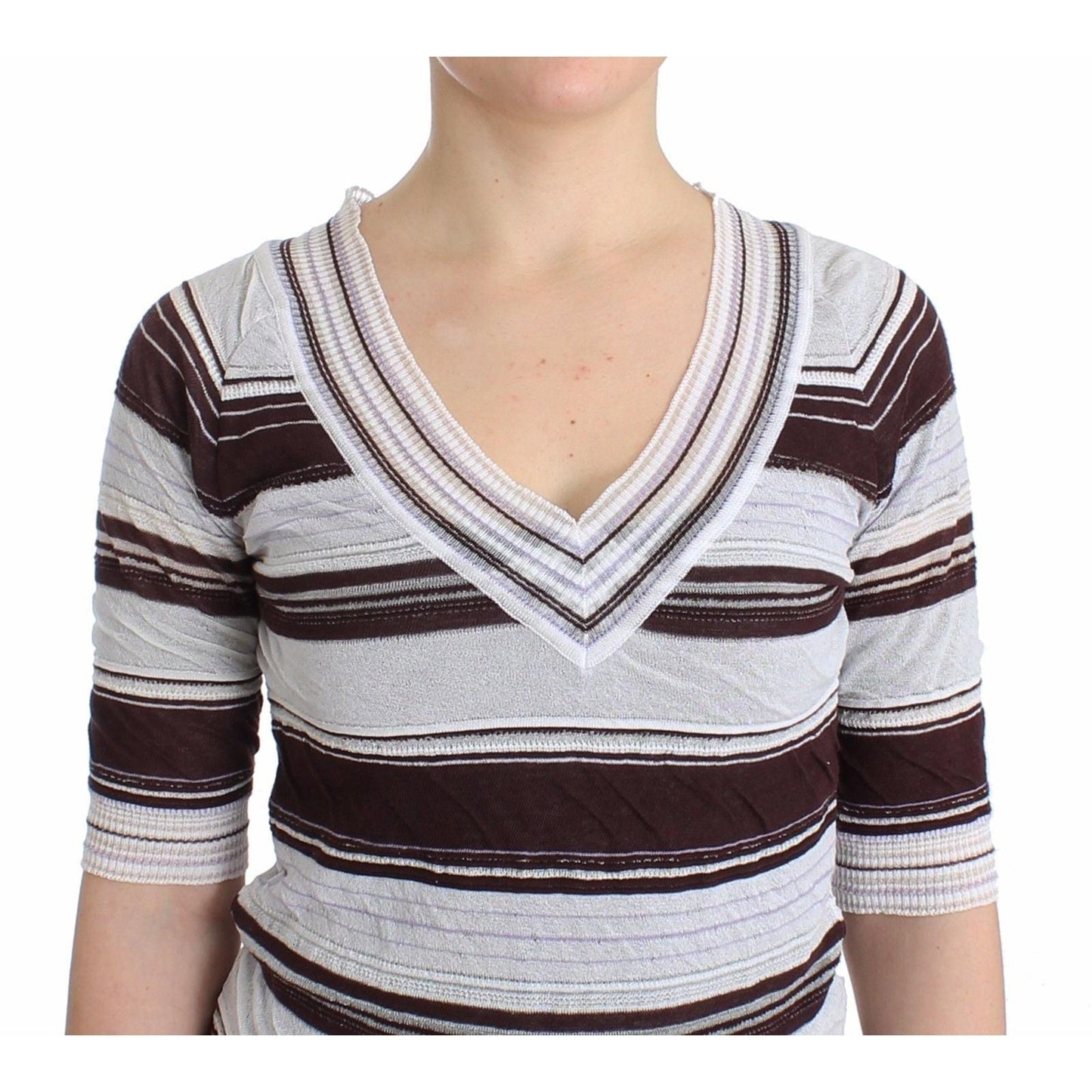 Striped Lace V-Neck Short Sleeve Top Sweater - coffeewithmee2