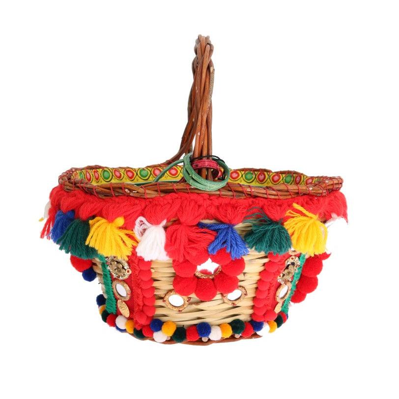 Multicolor AGNESE Straw Crystal Pom Pom Bag - coffeewithmee2