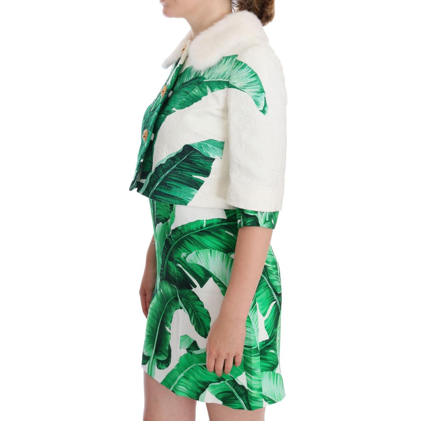 White Brocade Banana Leaf Fur Bolero Jacket - coffeewithmee2