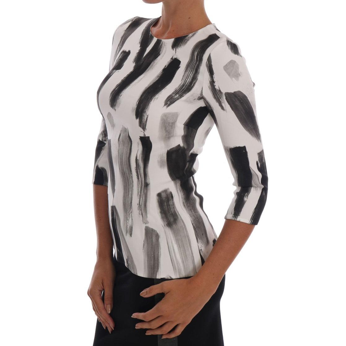White Black Striped Printed Blouse Top