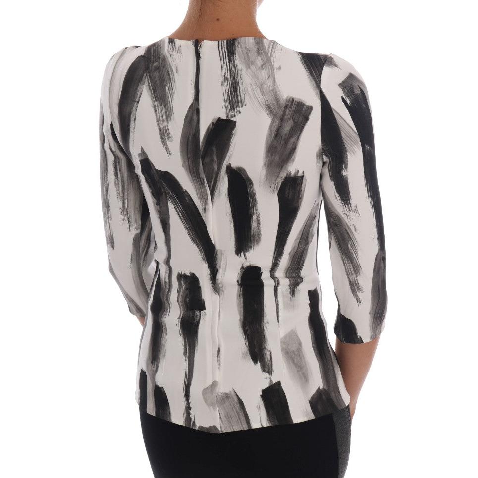 White Black Striped Printed Blouse Top