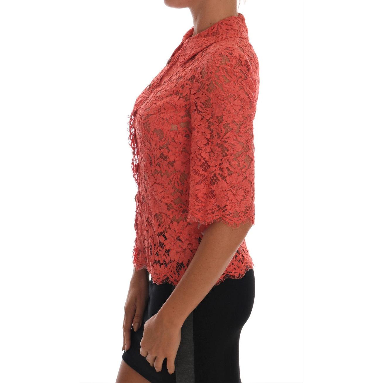 Orange Crystal Buttons Floral Lace Blouse