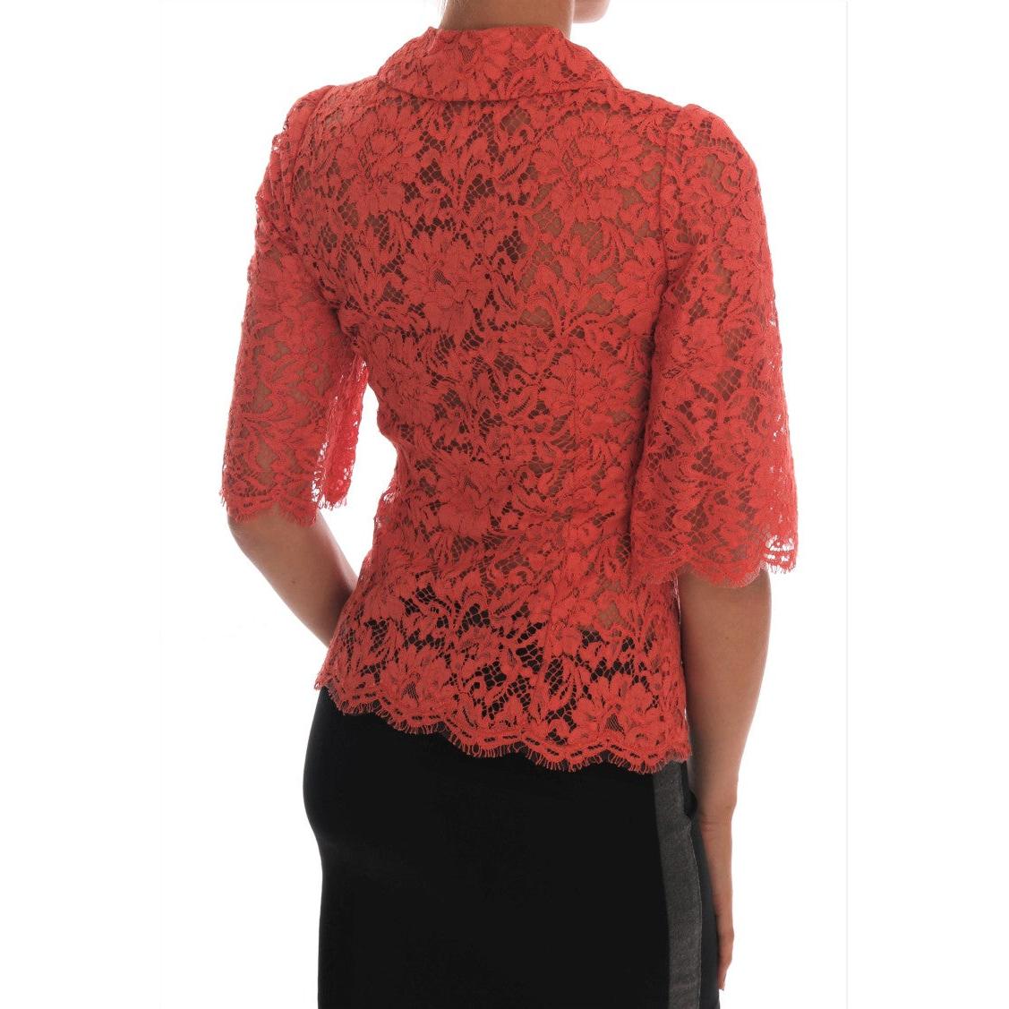 Orange Crystal Buttons Floral Lace Blouse