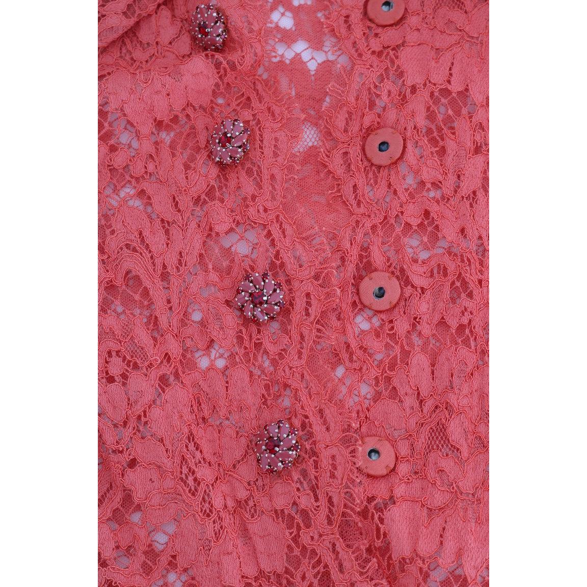 Orange Crystal Buttons Floral Lace Blouse