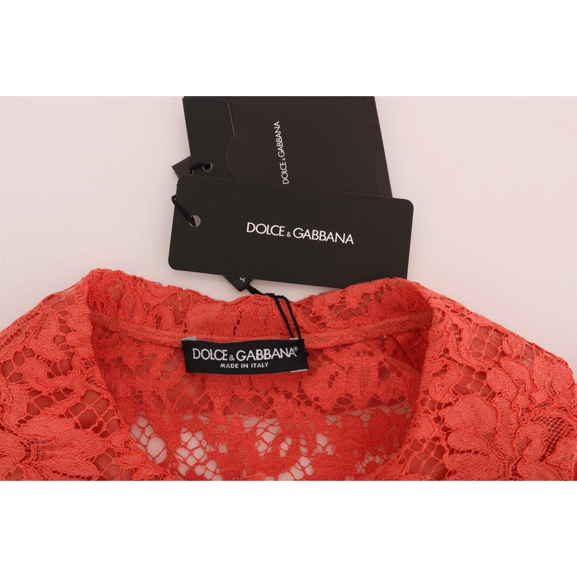 Orange Crystal Buttons Floral Lace Blouse
