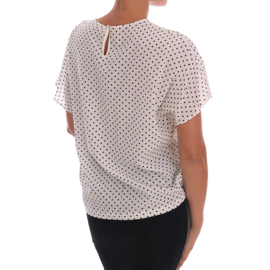 White Polka Dotted Silk T-shirt Top