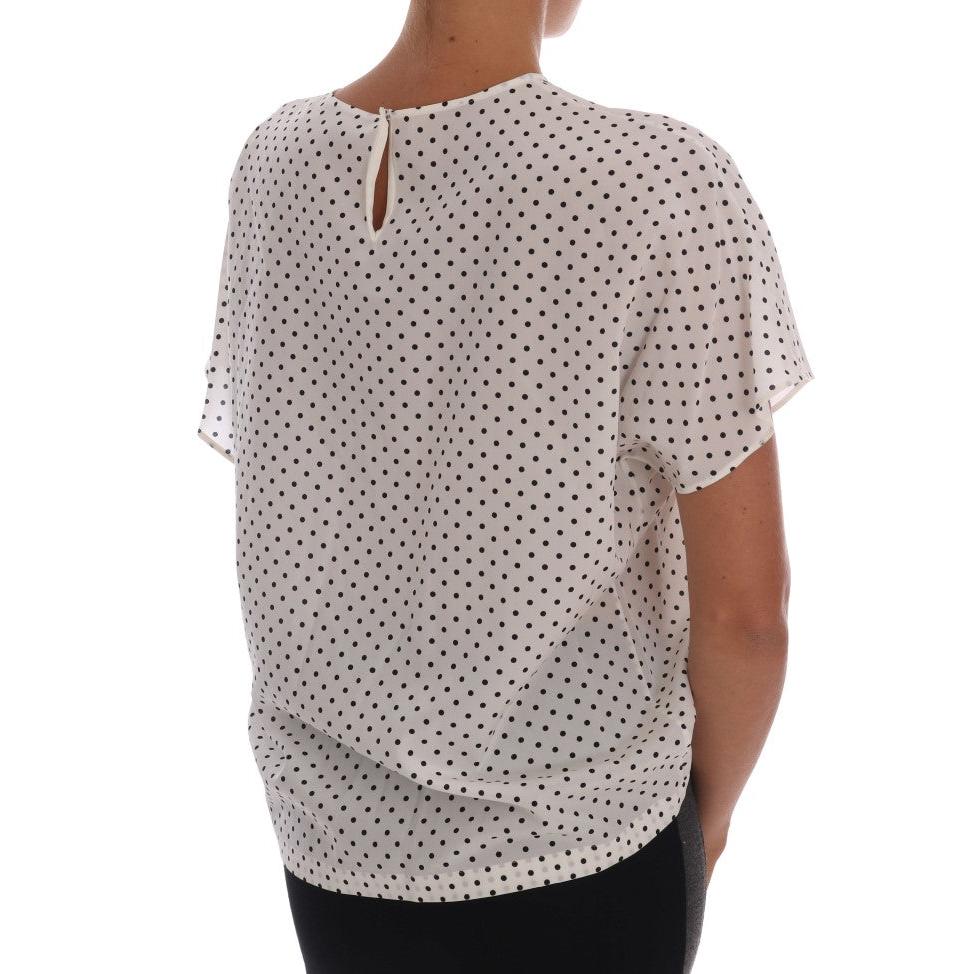 White Polka Dotted Silk T-shirt Top