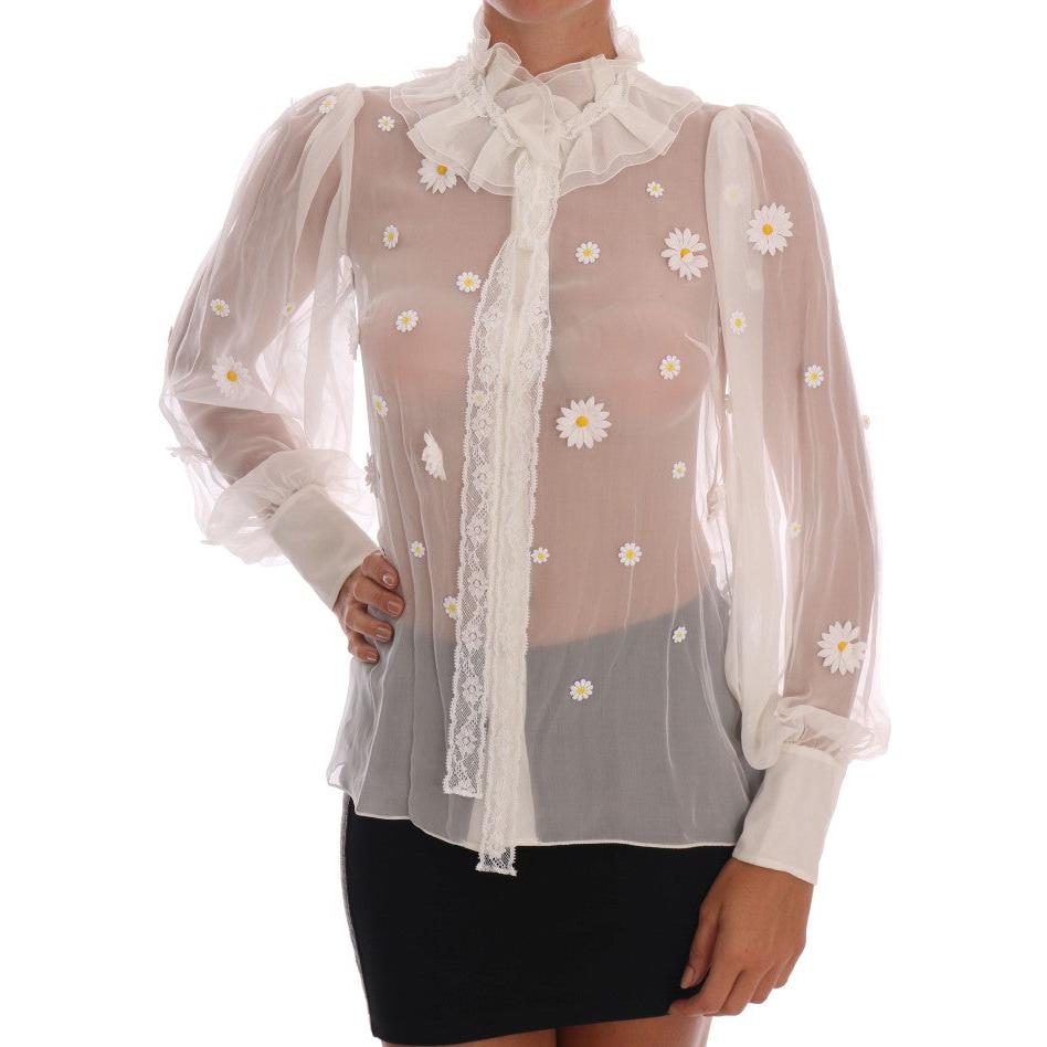 White Daisy Applique Silk Shirt