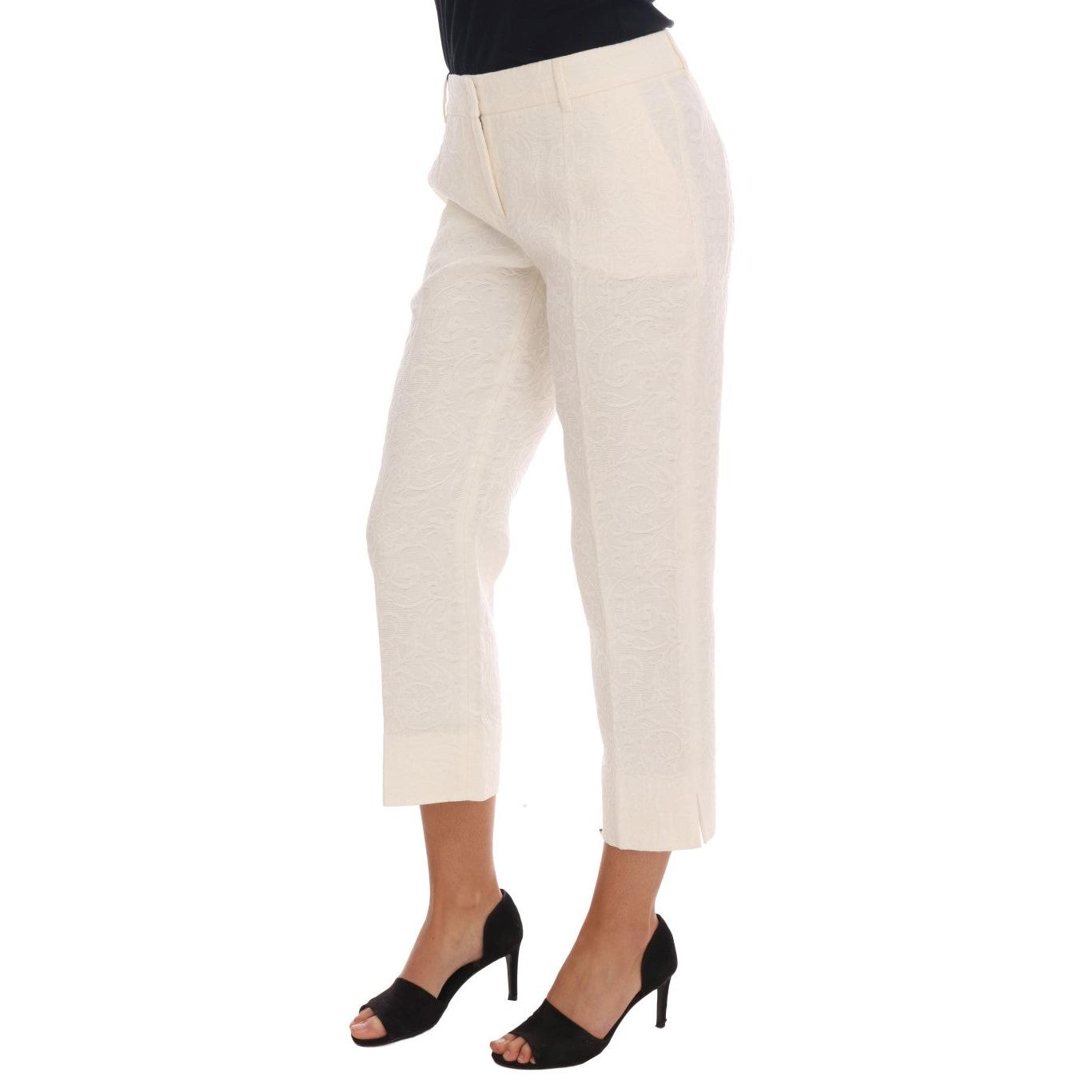 White Floral Brocade Capri Pants