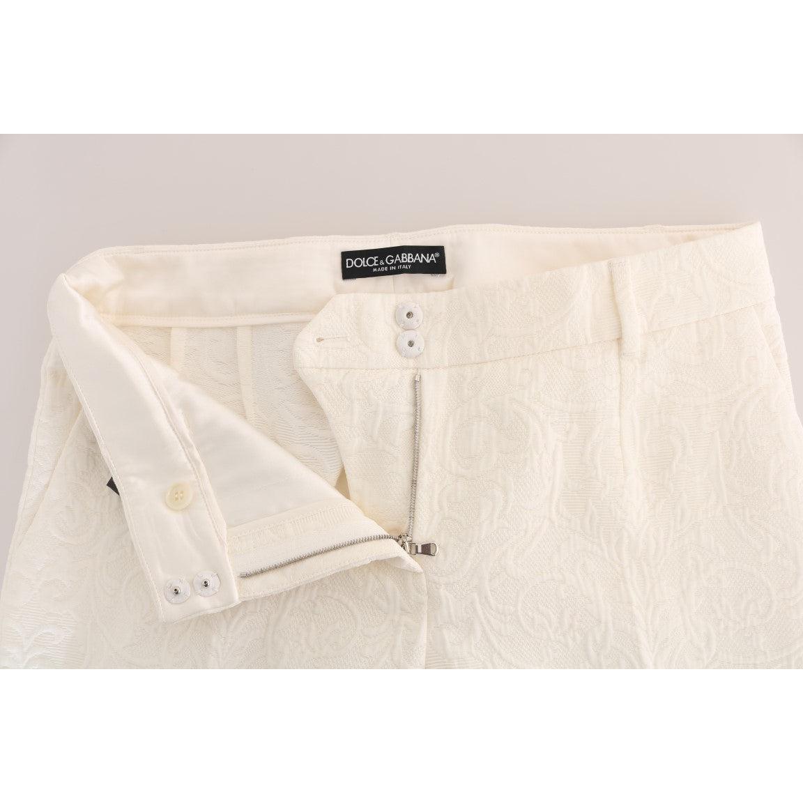 White Floral Brocade Capri Pants