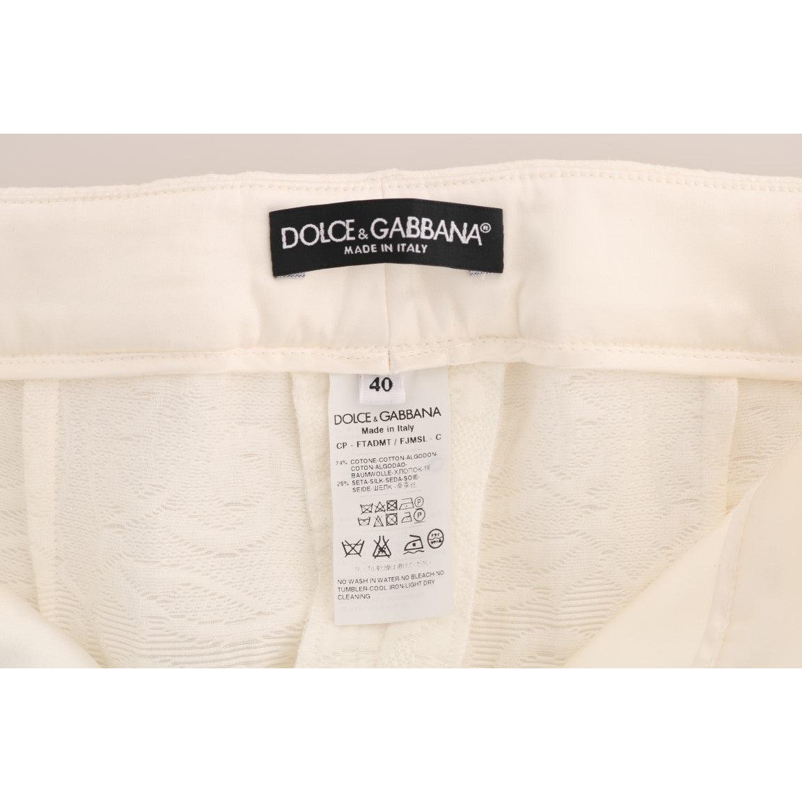 White Floral Brocade Capri Pants