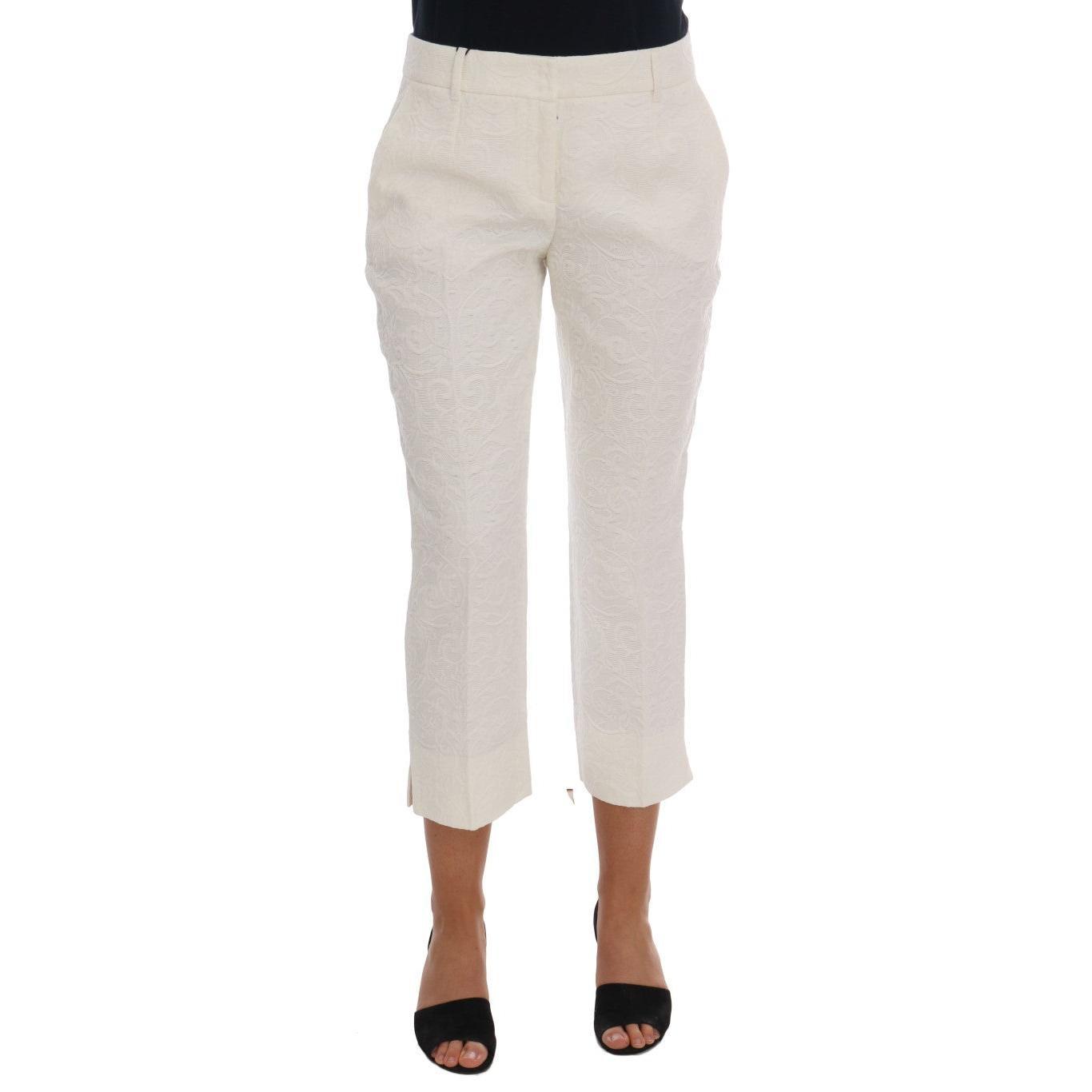 White Floral Brocade Capri Pants