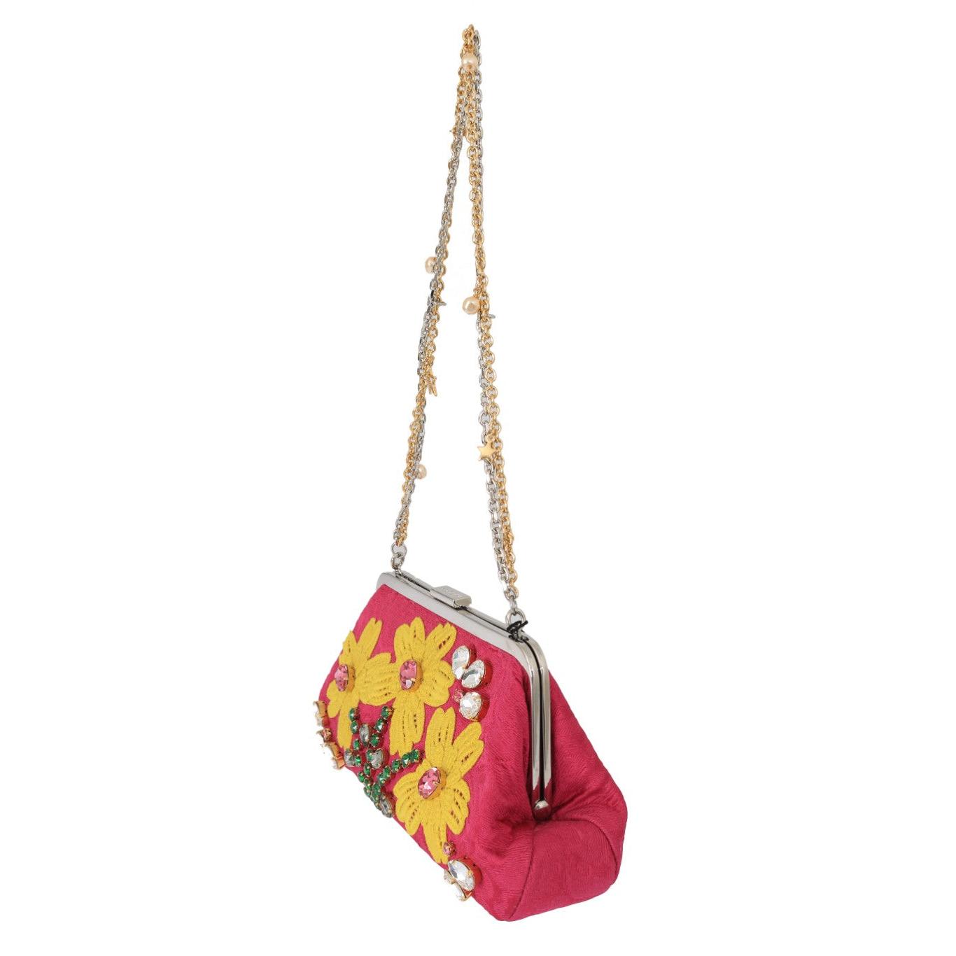 Pink Brocade Floral Crystal Applique Evening Purse - coffeewithmee2