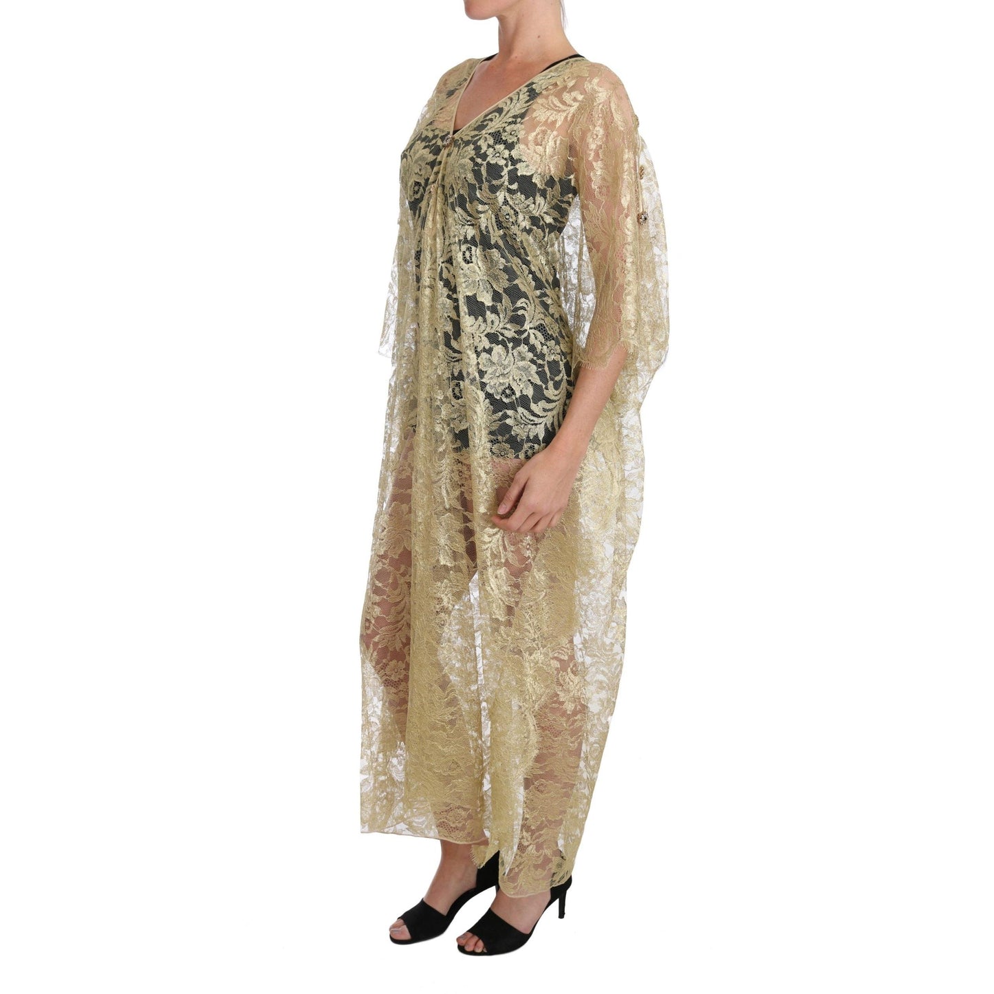Gold Floral Lace Crystal Gown Cape Dress - coffeewithmee2