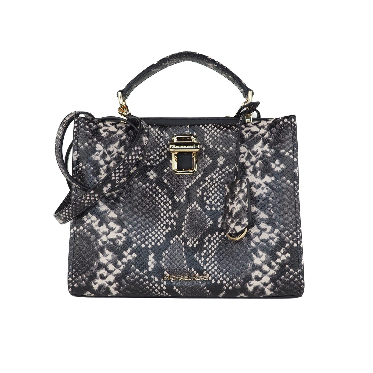 Penelope Medium Python Embossed Leather Top Handle Satchel Handbag (Black) - coffeewithmee2