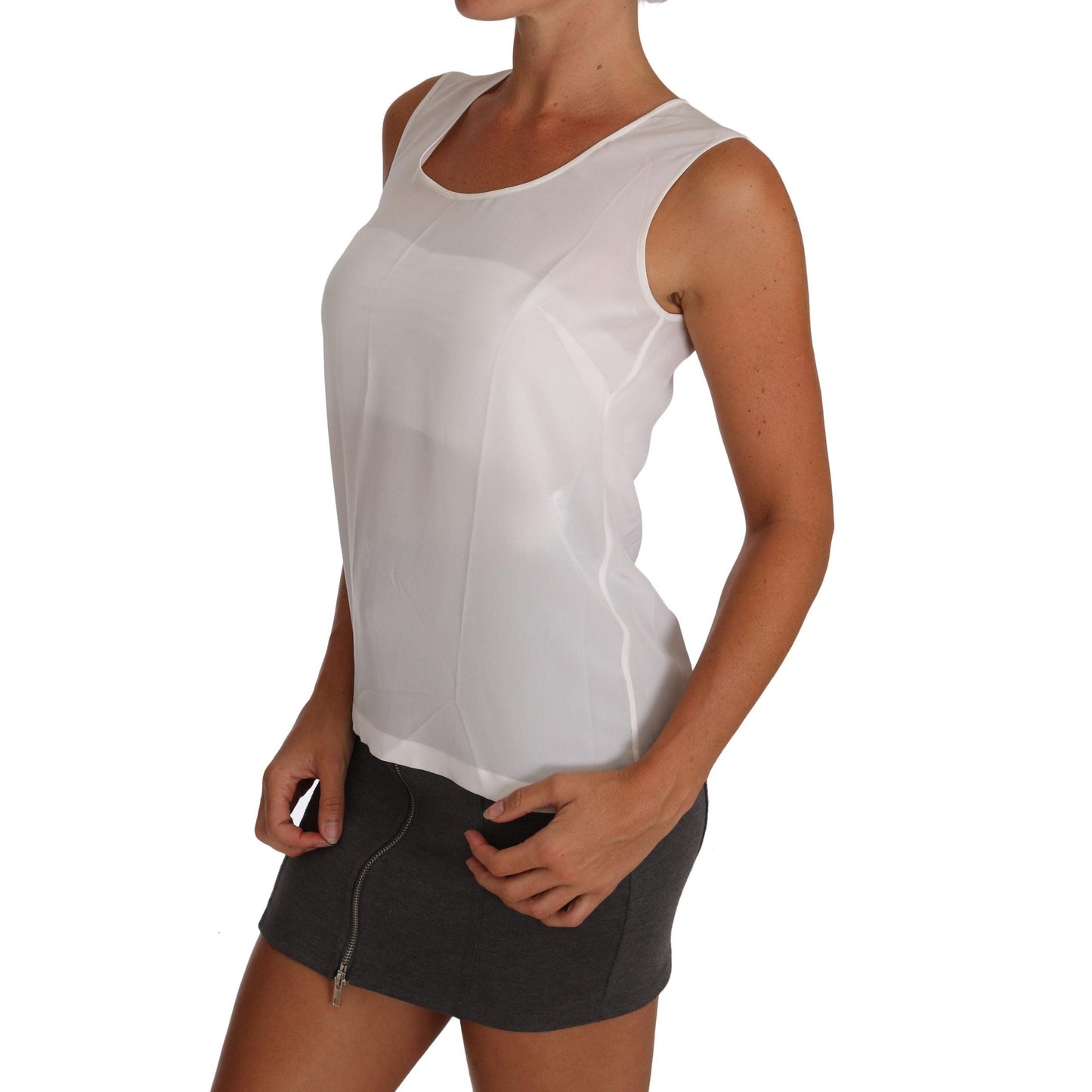 White Silk A-line Sleeveless Blouse T-Shirt Top - coffeewithmee2