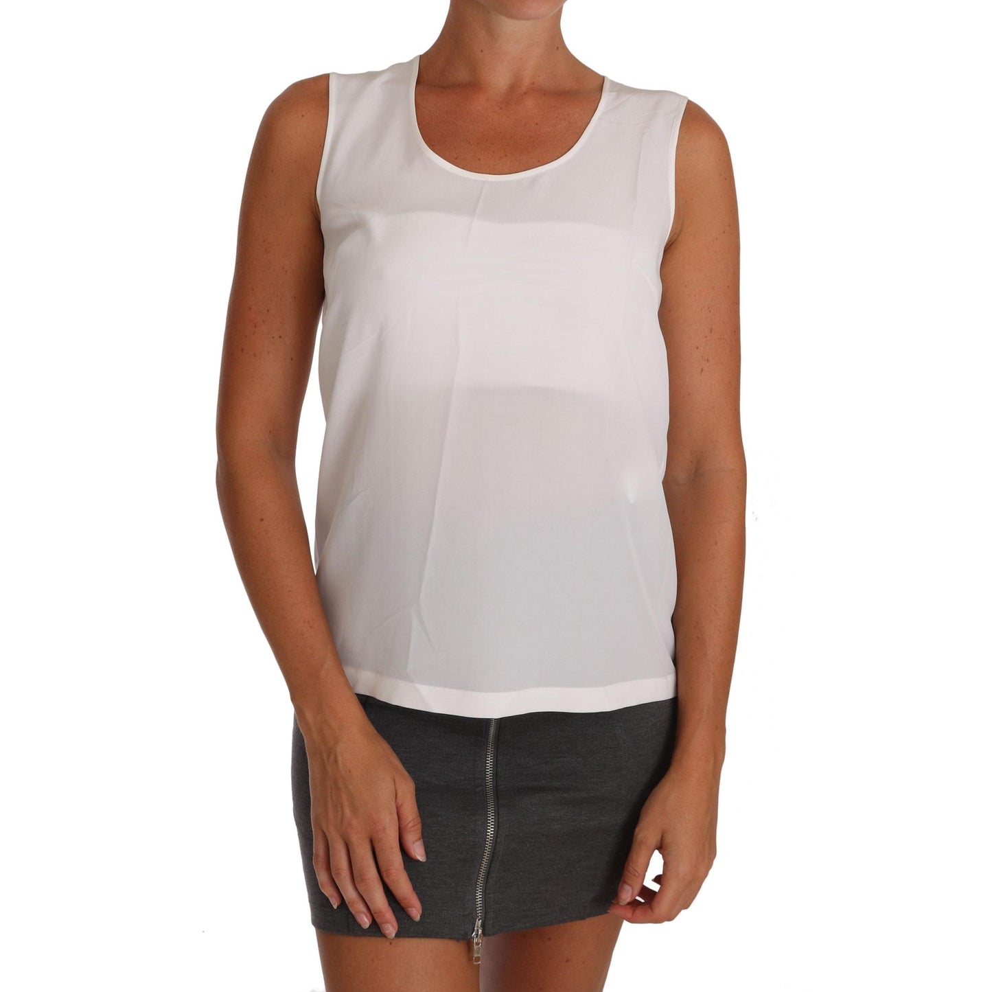 White Silk A-line Sleeveless Blouse T-Shirt Top - coffeewithmee2