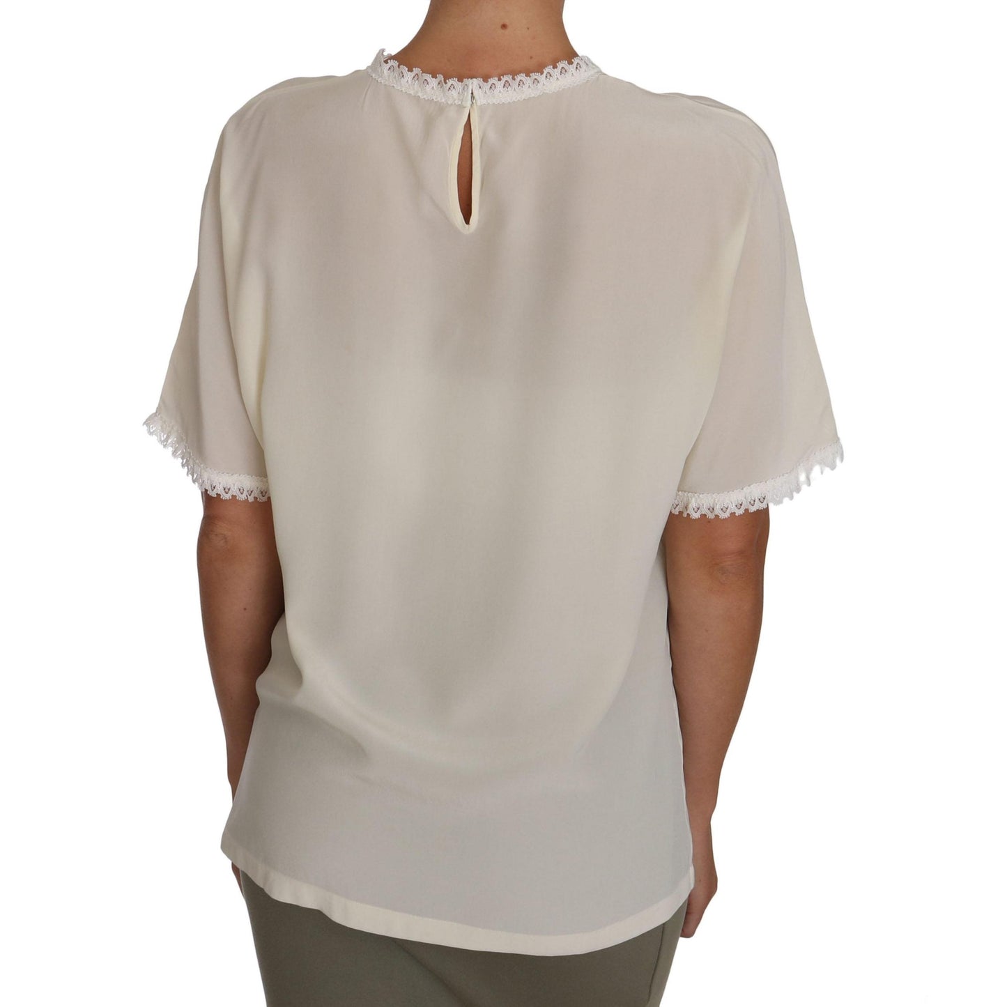 White Cream Silk Lace Top Blouse T-Shirt - coffeewithmee2