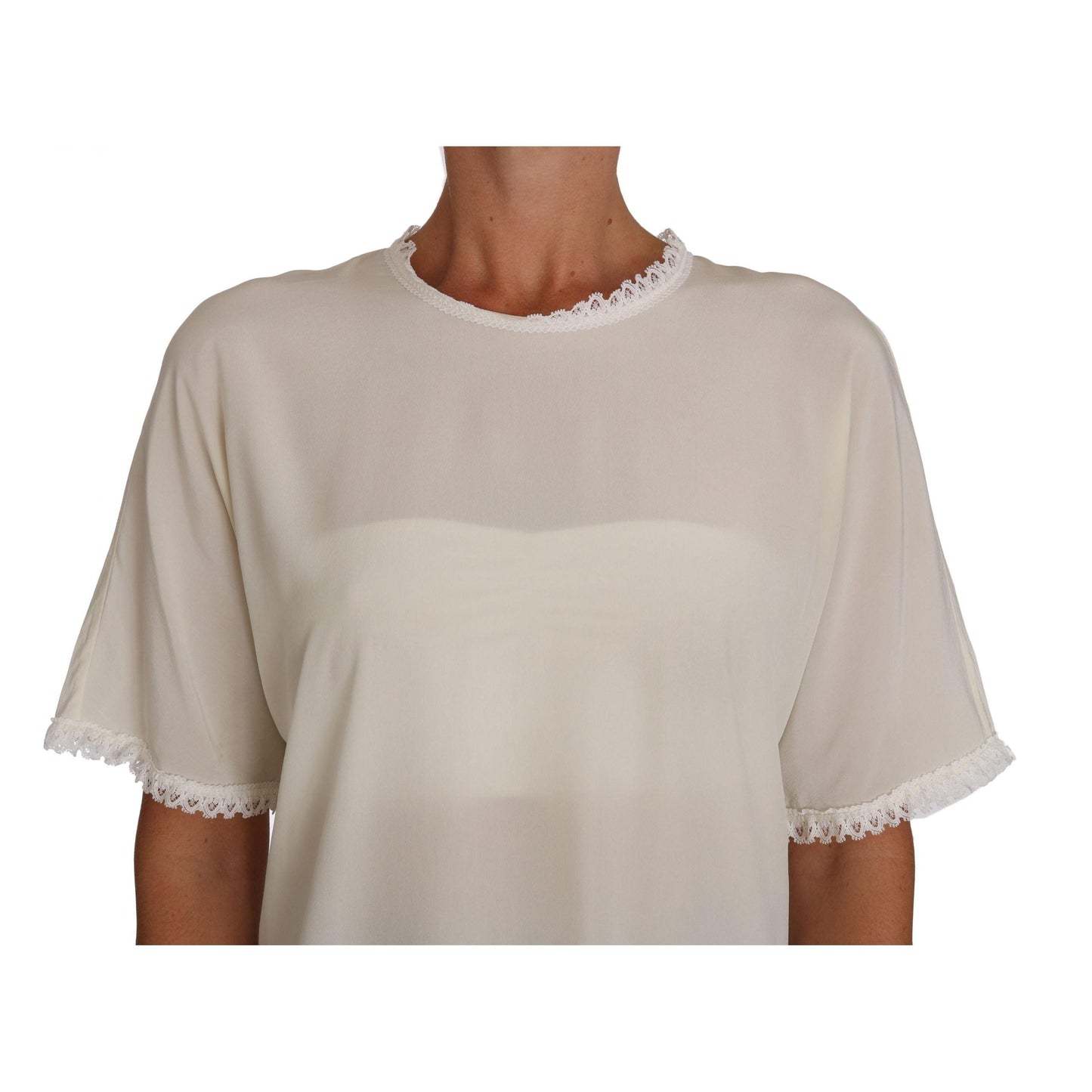 White Cream Silk Lace Top Blouse T-Shirt - coffeewithmee2