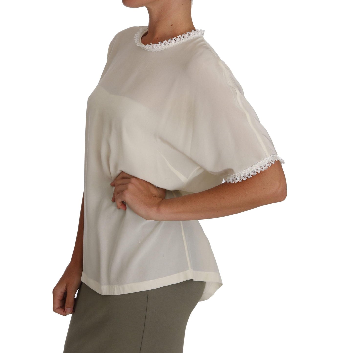 White Cream Silk Lace Top Blouse T-Shirt - coffeewithmee2