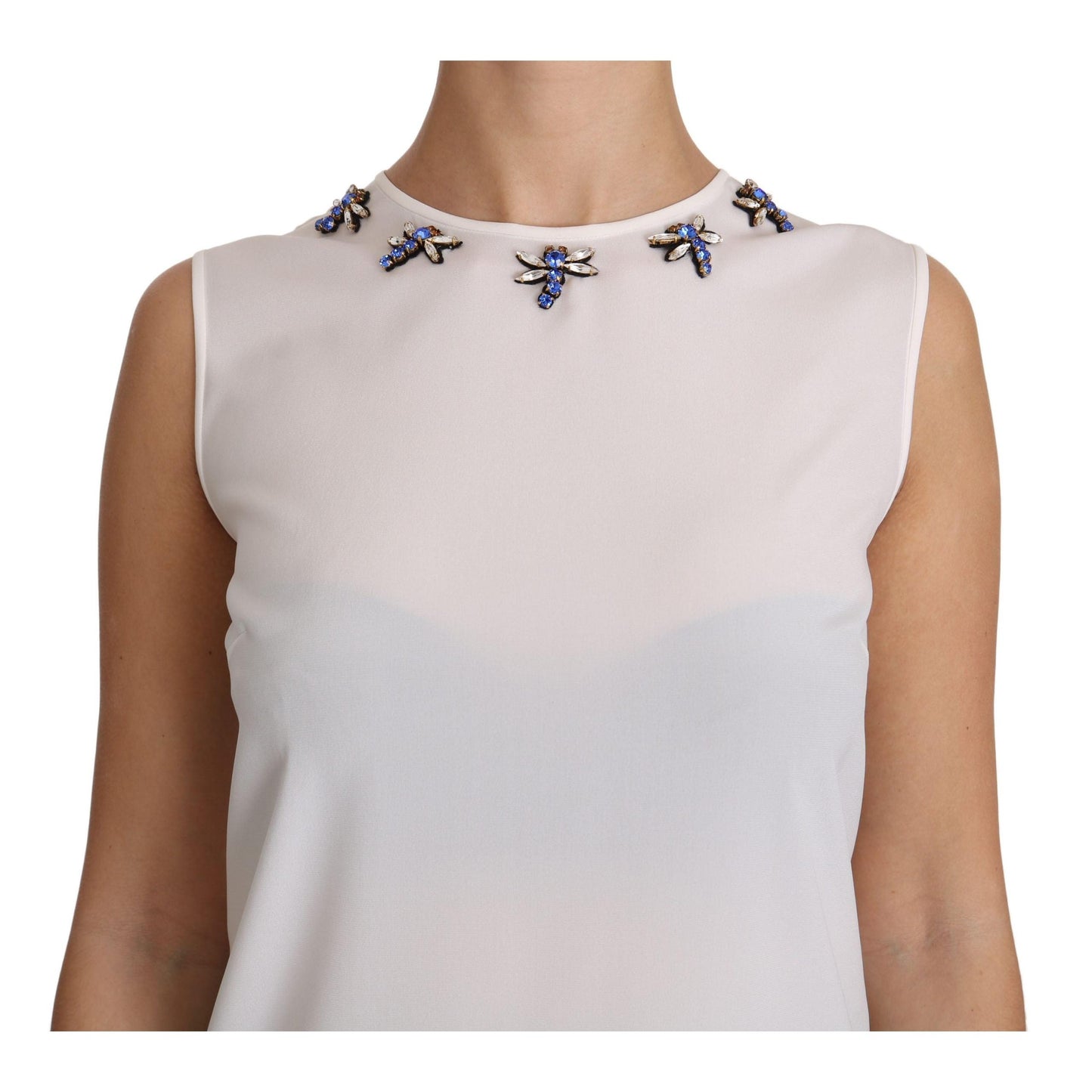 White Silk Embellished Crystal Dragonfly Top - coffeewithmee2