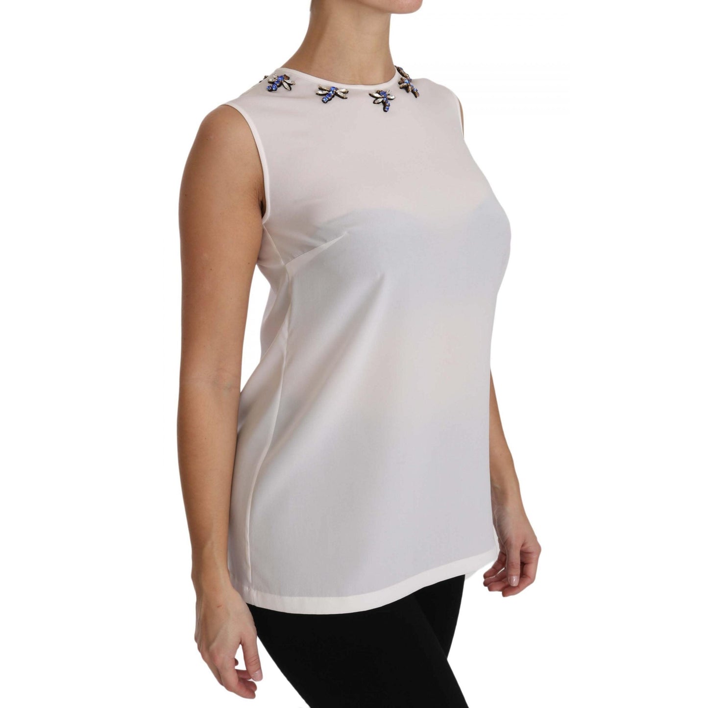 White Silk Embellished Crystal Dragonfly Top - coffeewithmee2