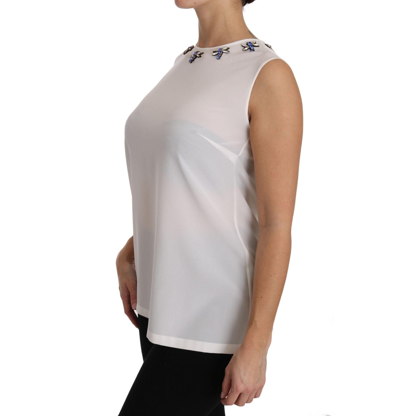 White Silk Embellished Crystal Dragonfly Top - coffeewithmee2