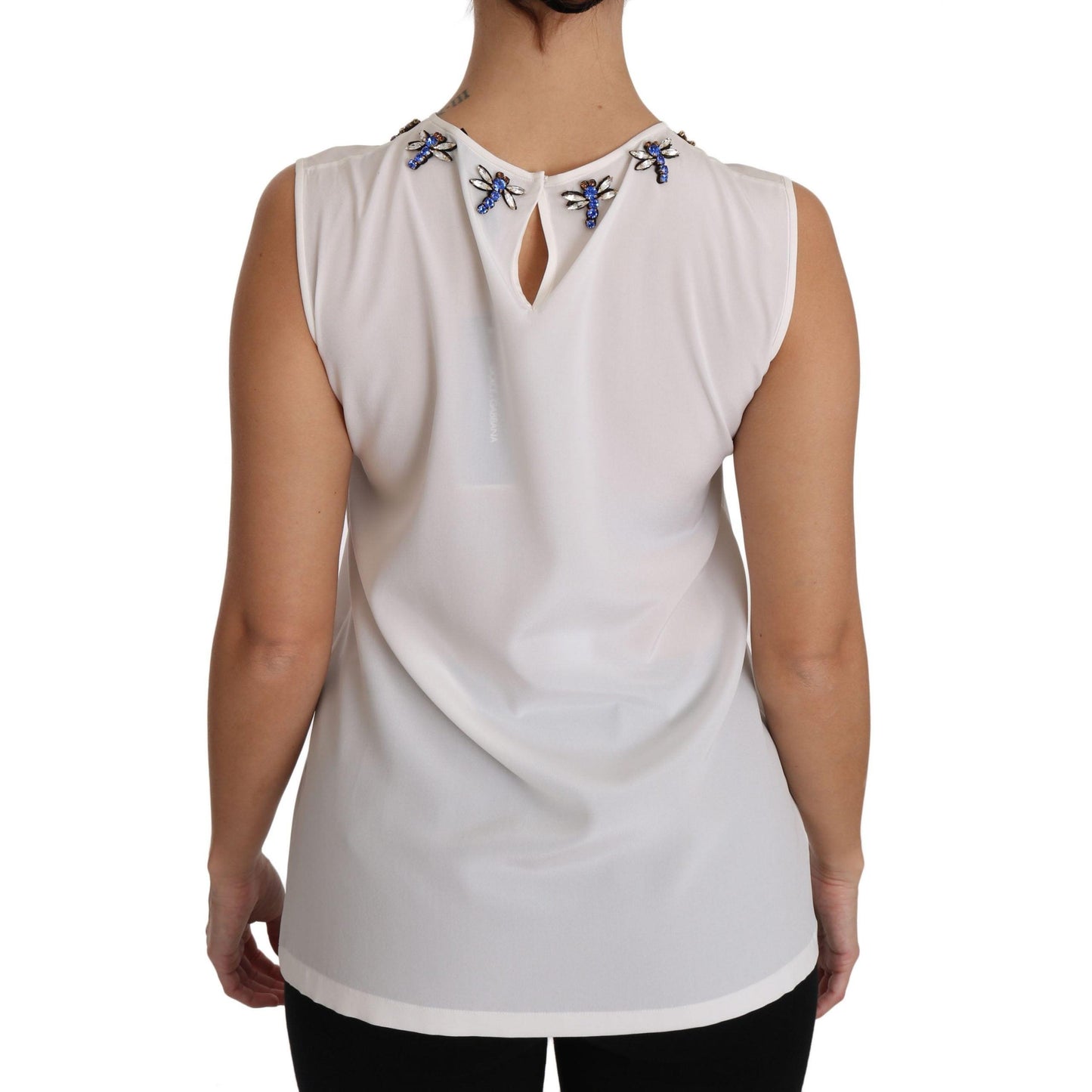 White Silk Embellished Crystal Dragonfly Top - coffeewithmee2