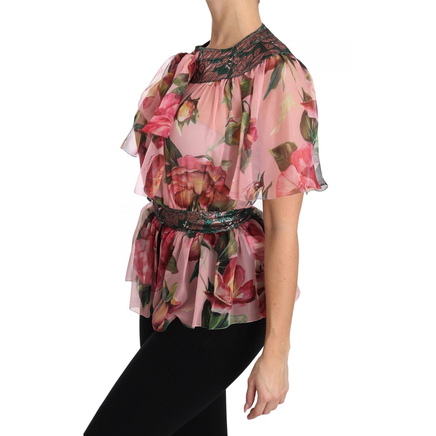 Floral Print Silk Shirt With Pussy Bow Rose - coffeewithmee2