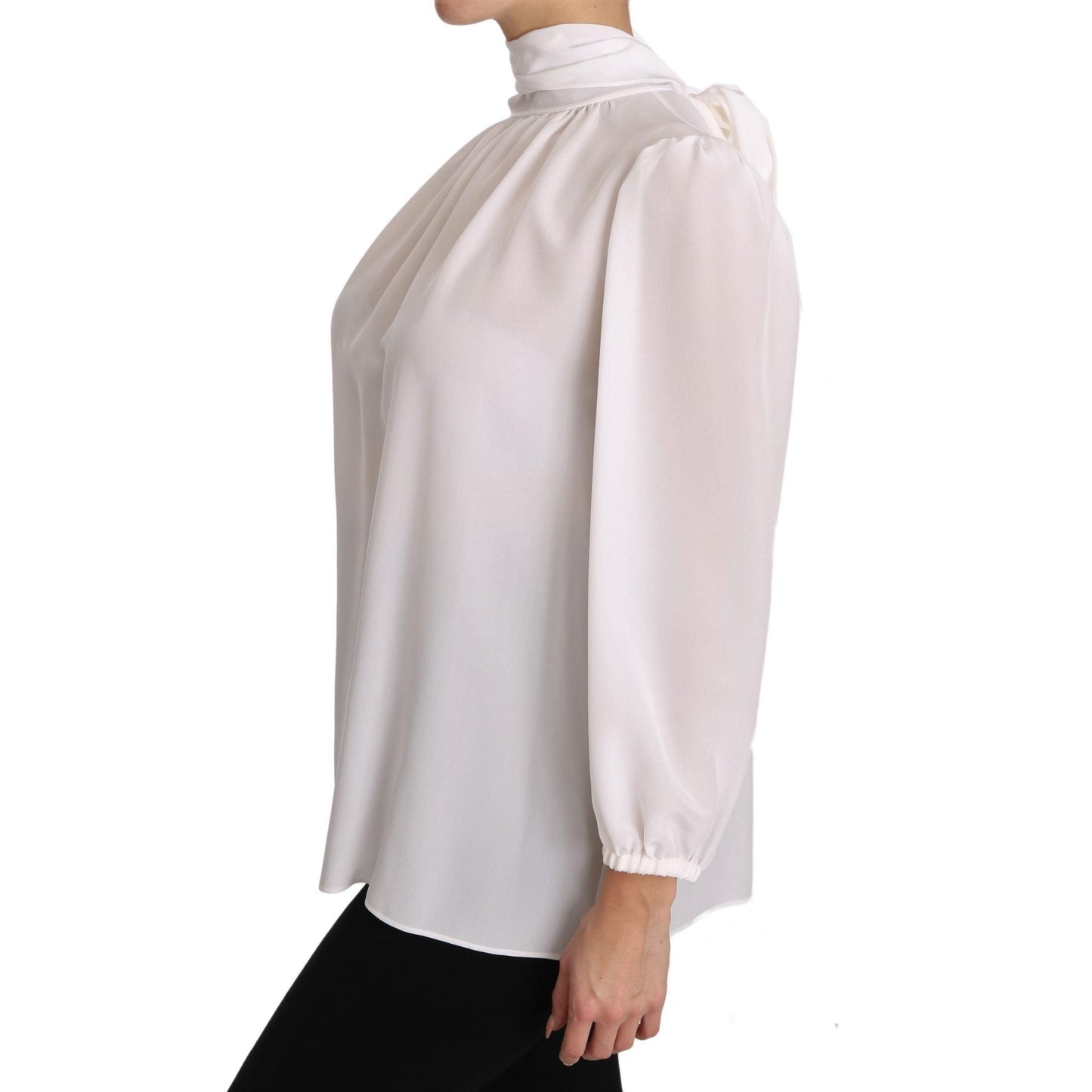 White Silk Blouse Pussybow Solid Longsleeve Top - coffeewithmee2