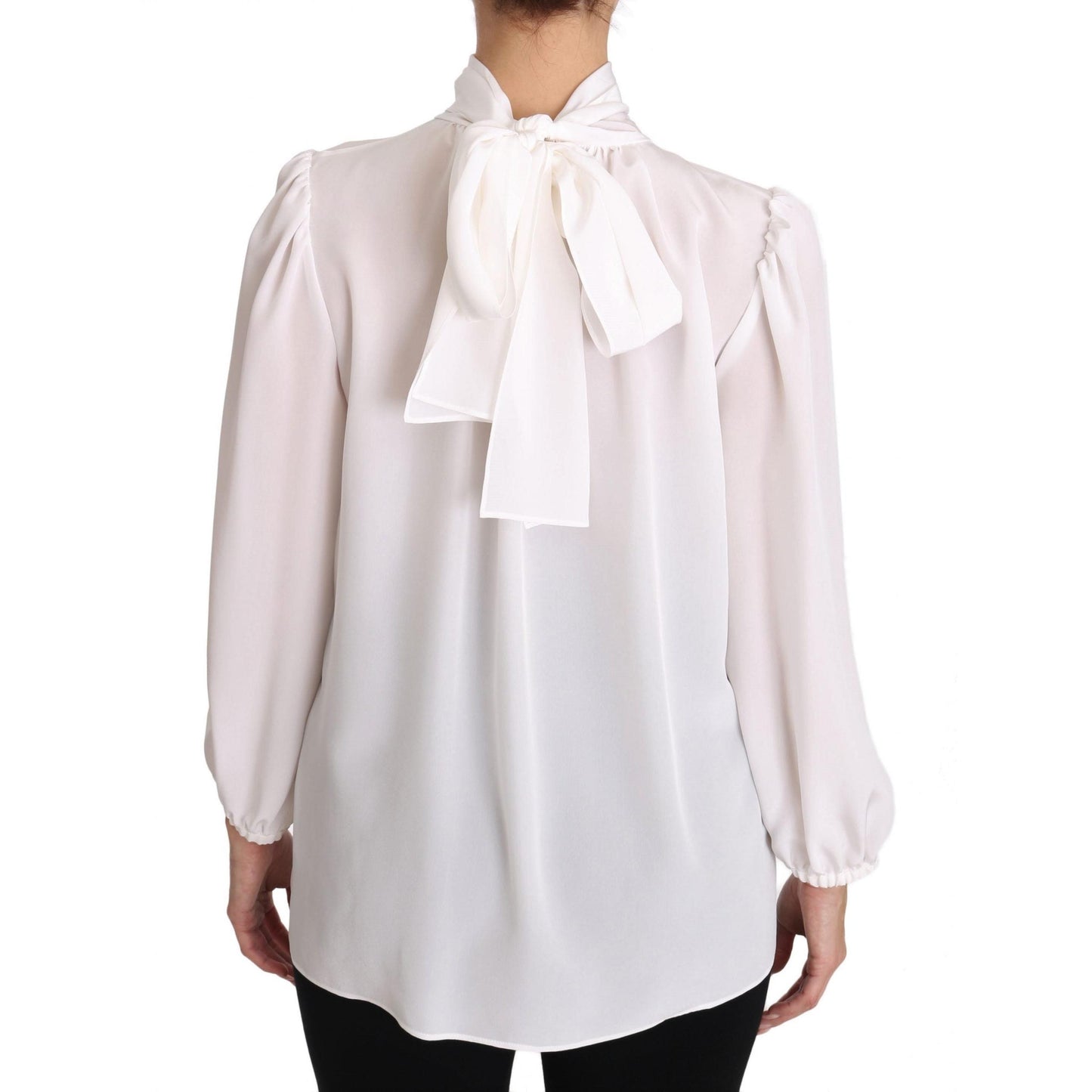 White Silk Blouse Pussybow Solid Longsleeve Top - coffeewithmee2