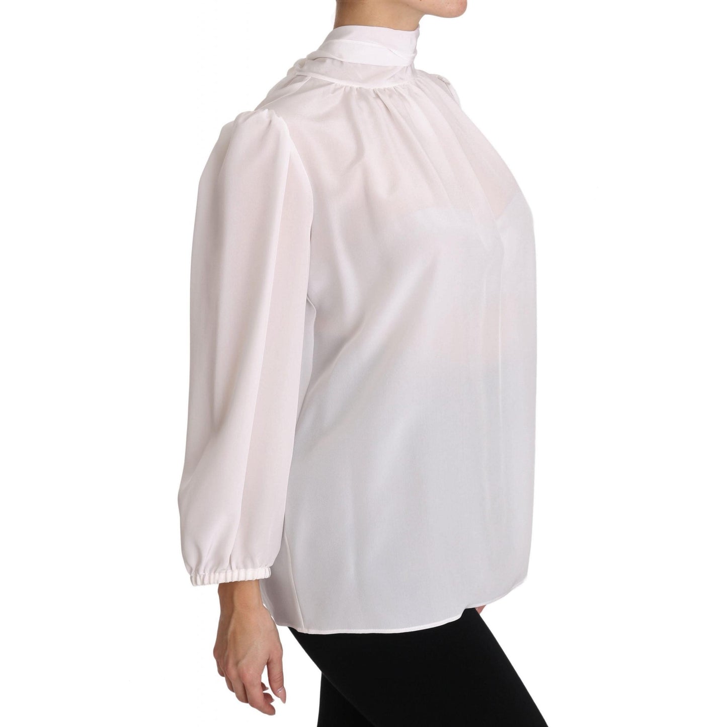 White Silk Blouse Pussybow Solid Longsleeve Top - coffeewithmee2