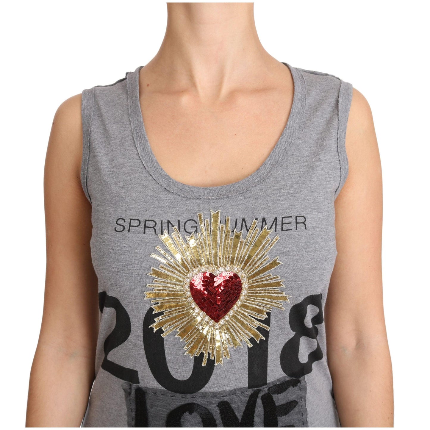 Gray Tank Top Crystal Sequined Heart T-shirt - coffeewithmee2
