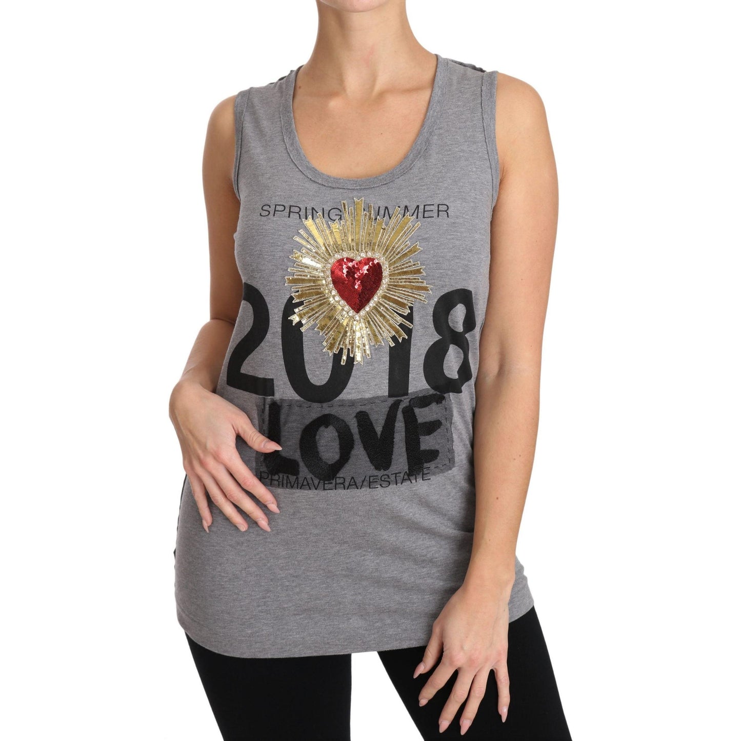 Gray Tank Top Crystal Sequined Heart T-shirt - coffeewithmee2