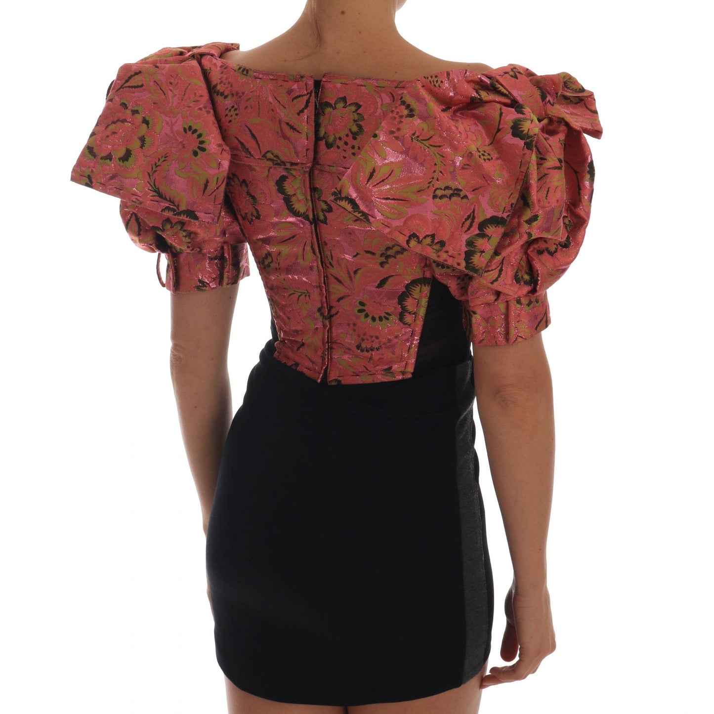 Pink Puff Sleeve Brocade Cropped Top - coffeewithmee2