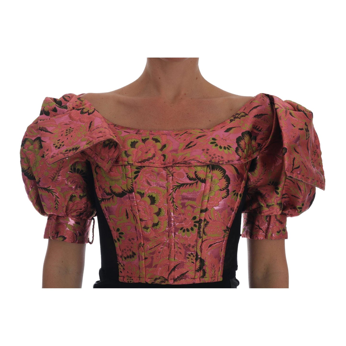 Pink Puff Sleeve Brocade Cropped Top - coffeewithmee2