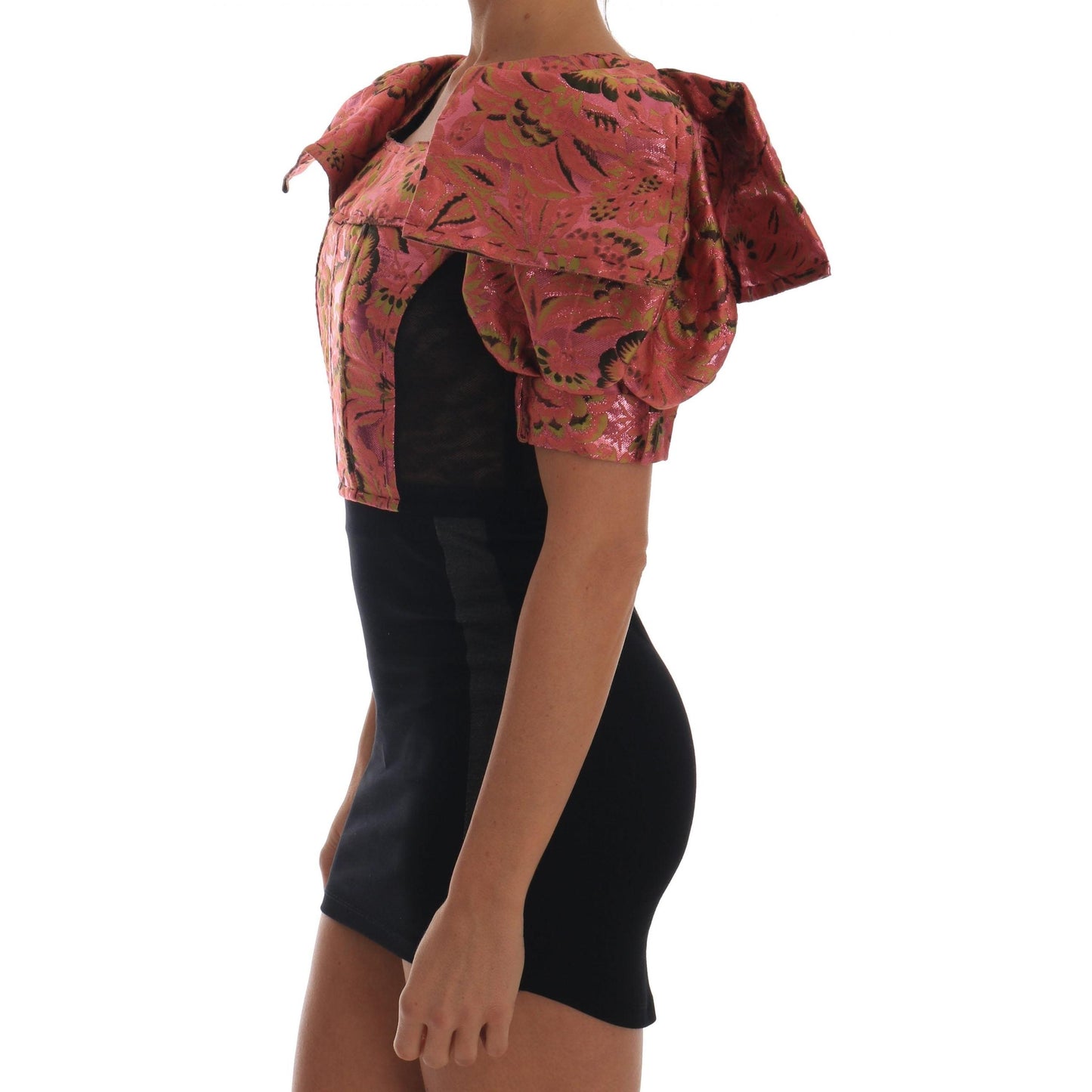 Pink Puff Sleeve Brocade Cropped Top - coffeewithmee2