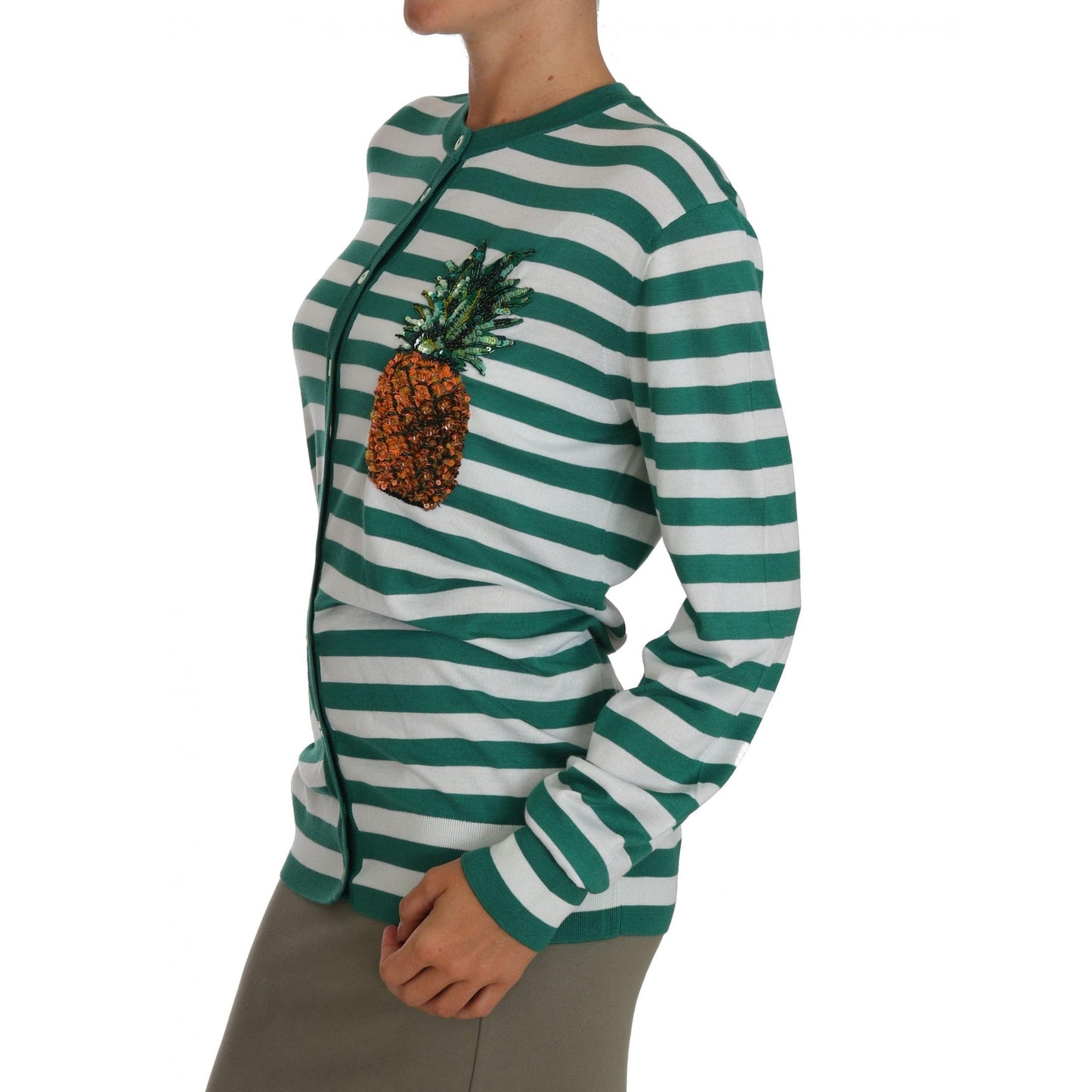 Pineapple Embellished Cardigan Striped Sweater - coffeewithmee2