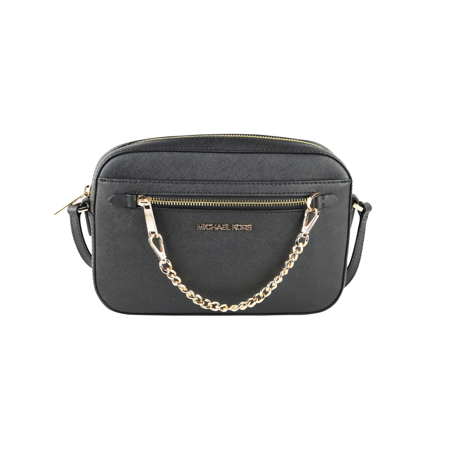 Jet Set Item Large East West Saffiano Leather Zip Chain Crossbody Handbag (Black Solid/Gold) - coffeewithmee2