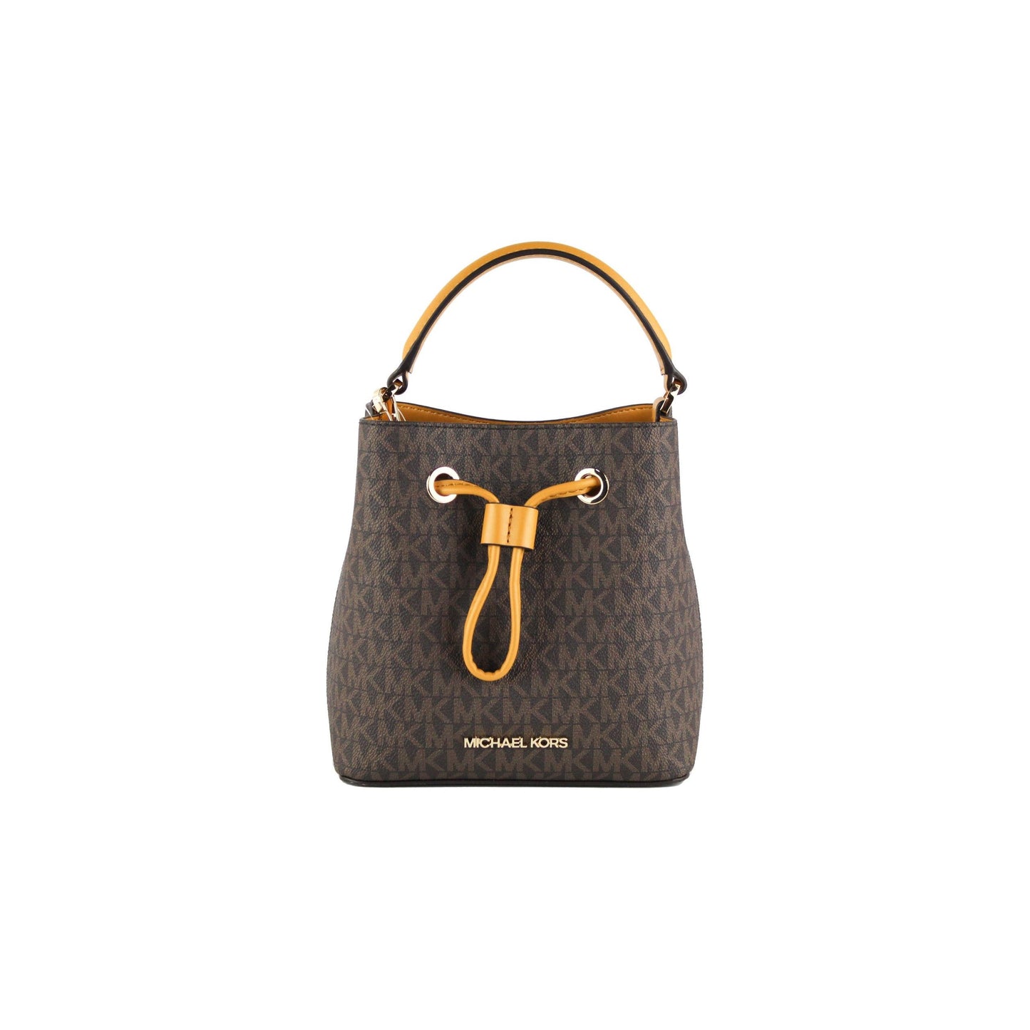 Suri Small Leather Bucket Crossbody Drawstring Hobo Handbag (Marigold/Brown Signature) - coffeewithmee2