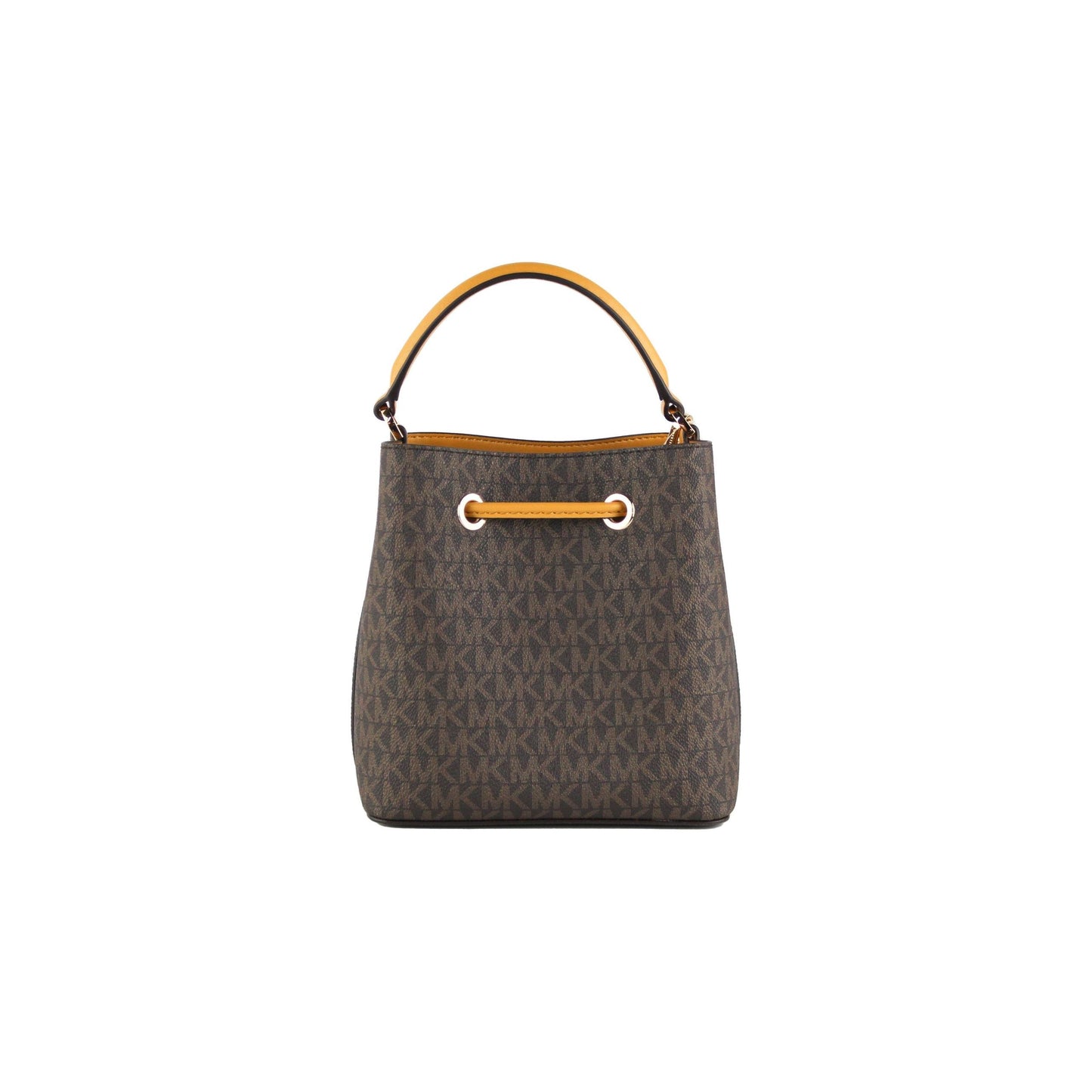 Suri Small Leather Bucket Crossbody Drawstring Hobo Handbag (Marigold/Brown Signature) - coffeewithmee2