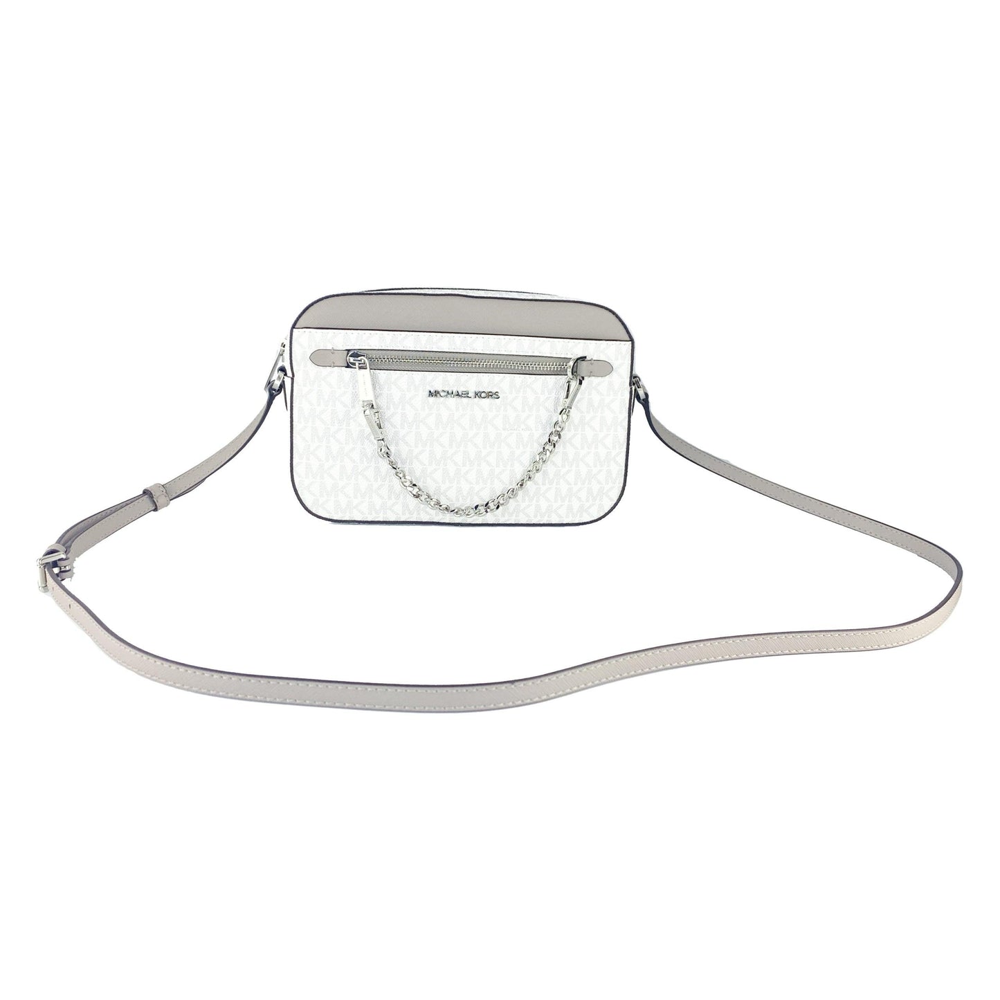 Jet Set Item Large East West Signature Leather Zip Chain Crossbody Handbag (Bright White Signature) - coffeewithmee2